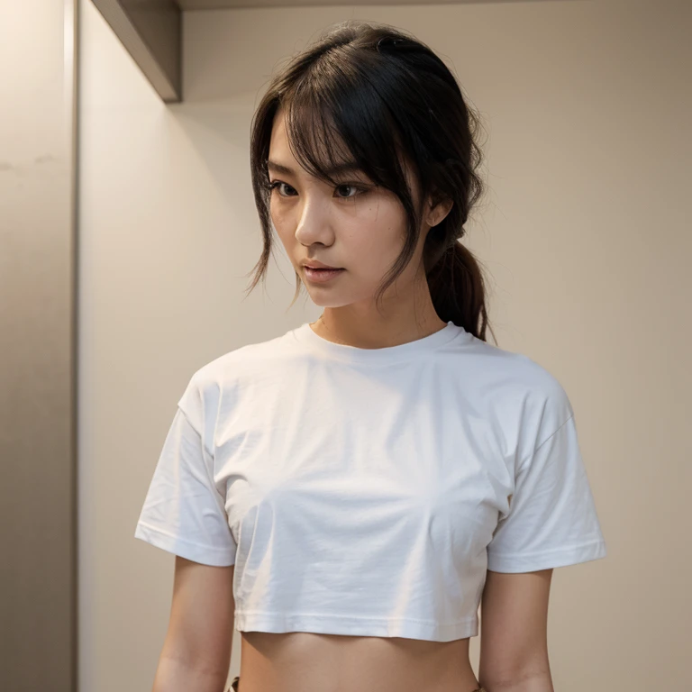 Create a plain t-shirt model worn by an Asian woman, make sure the t-shirt is neat and not wavy. The woman is modeling the t-shirt with an aesthetic background.