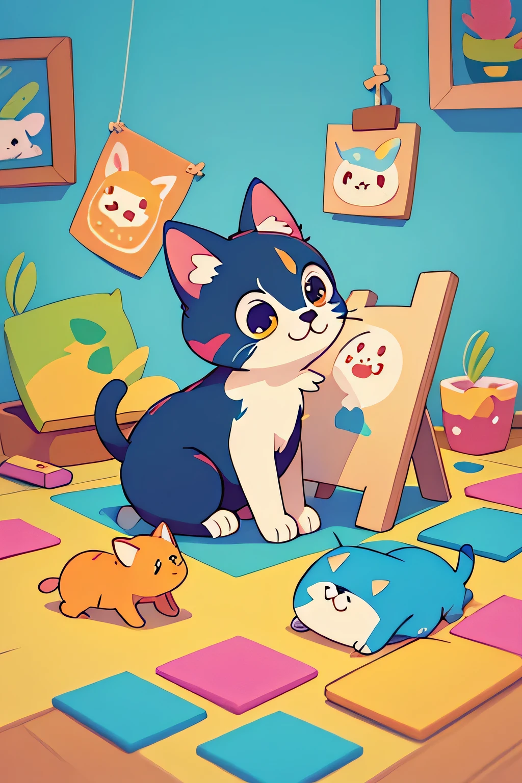 A painting of a kitten sitting on a colorful floor with a colorful background, Adorable digital painting, Cute cat drawing, Cute and detailed digital art, Isometric 3D Fantasy Cute Cat, Digital cartoon painting art, Highly detailed digital painting, Cute digital art, In the style of digital illustration, Highly detailed digital painting, Cute and detailed artwork, style in digital painting, Cartoon digital painting