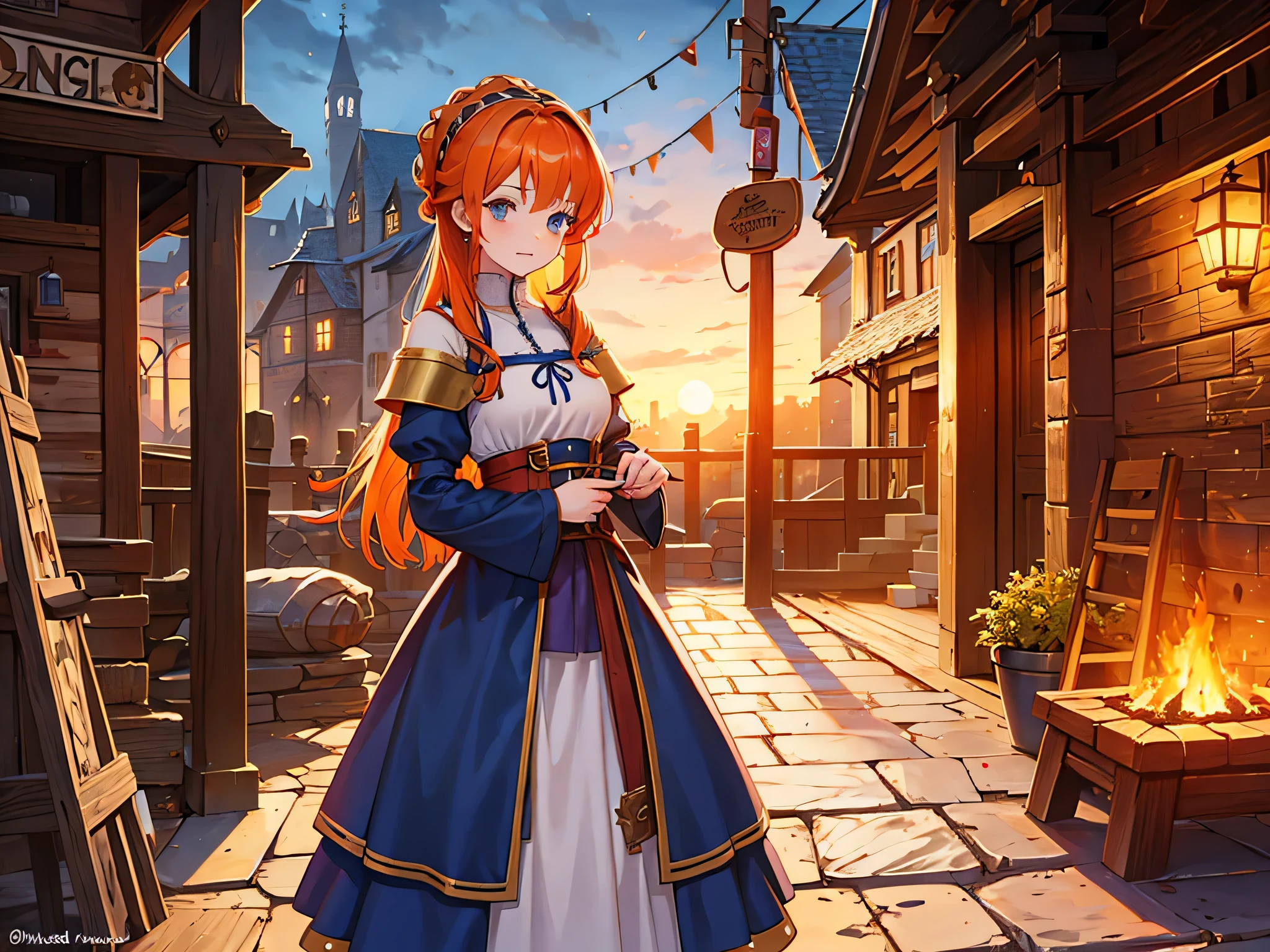1girl Medieval life, medieval girl, classic medieval dress, medieval vibe, village, unique medieval hairstyle, orange hair color.