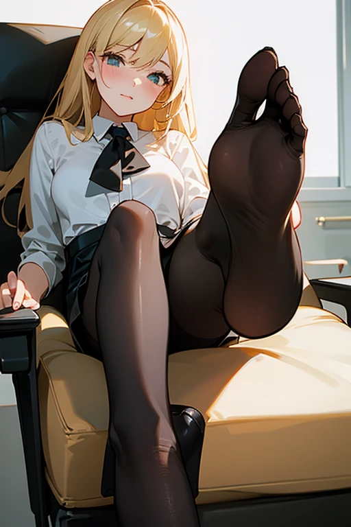 1girl,solo,leg up,foot focus,foot up, white blouse and black office skirt,black pantyhose ,blond hair,sitting in chair