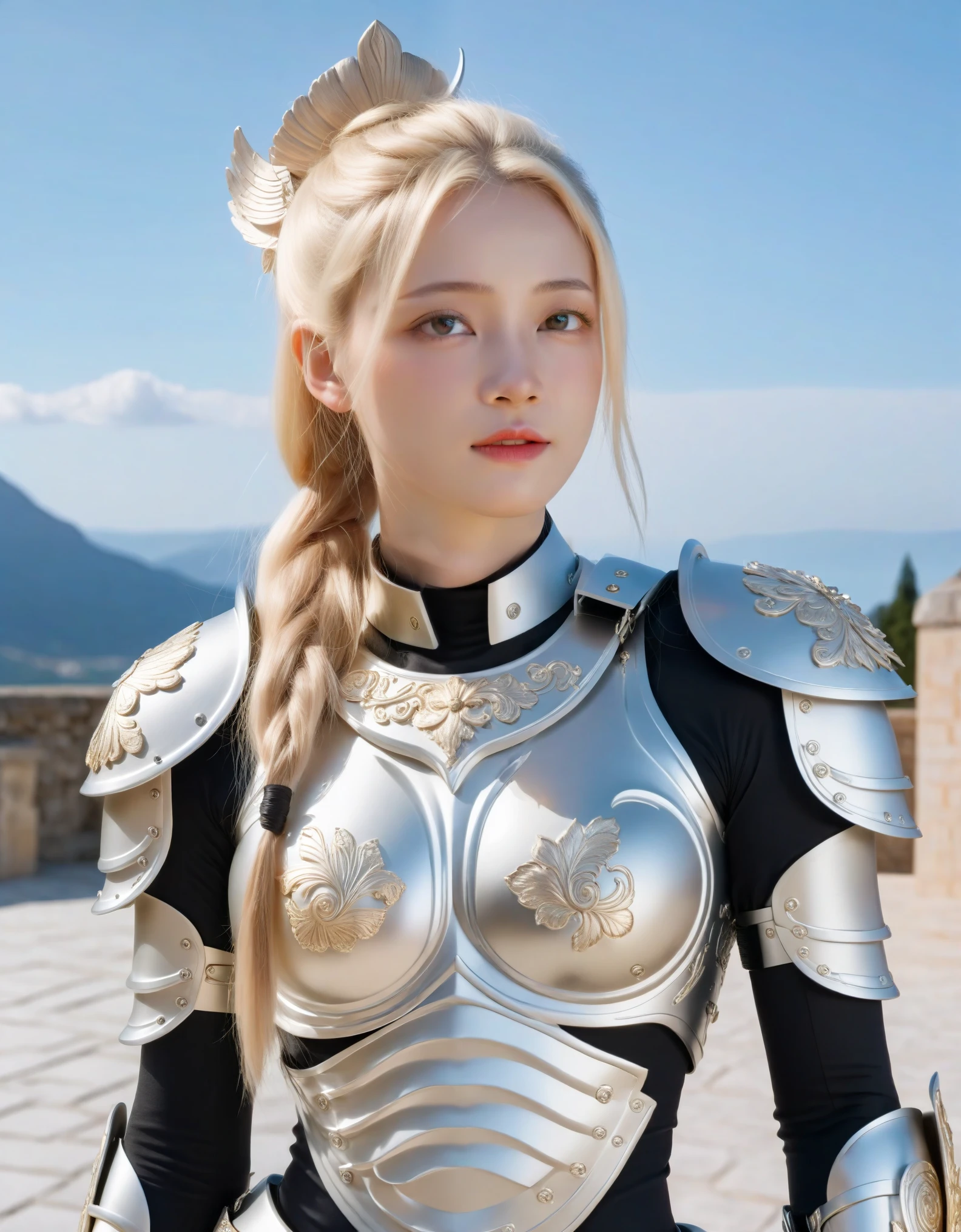 Chern4byl enviroment, 8K ultra-high resolution, masterpiece, photorealistic, full body portrait, walking pose, frontal view, slow motion effect, female paladin in full body light silver armor, ornately decorated, insanely detailed with bloom effect, highest quality in the style of Alessandro Casagrande, Greg Rutkowski, Sally Mann, concept art, 4K resolution, analog style, high sharpness, detailed pupils, face, and eyes, masterpiece quality, highly detailed photo, long blonde hair in ponytail, ecstatic expression, young woman, perfect body, realistic with real shadows, 3D rendering, temple background in the style of Michelangelo, photographed with Canan EOS R6, 135mm lens, 1/1250s shutter speed, f/2.8 aperture, ISO 400.