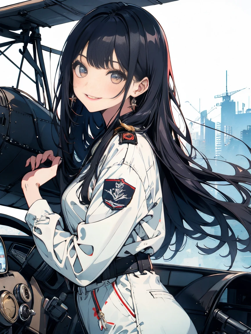 masterpiece, highest quality, High resolution, One girl,1930s、Biplane on background、Pilot Suit、 alone, Bangs girl、young woman、18-year-old、Long Hair、smile