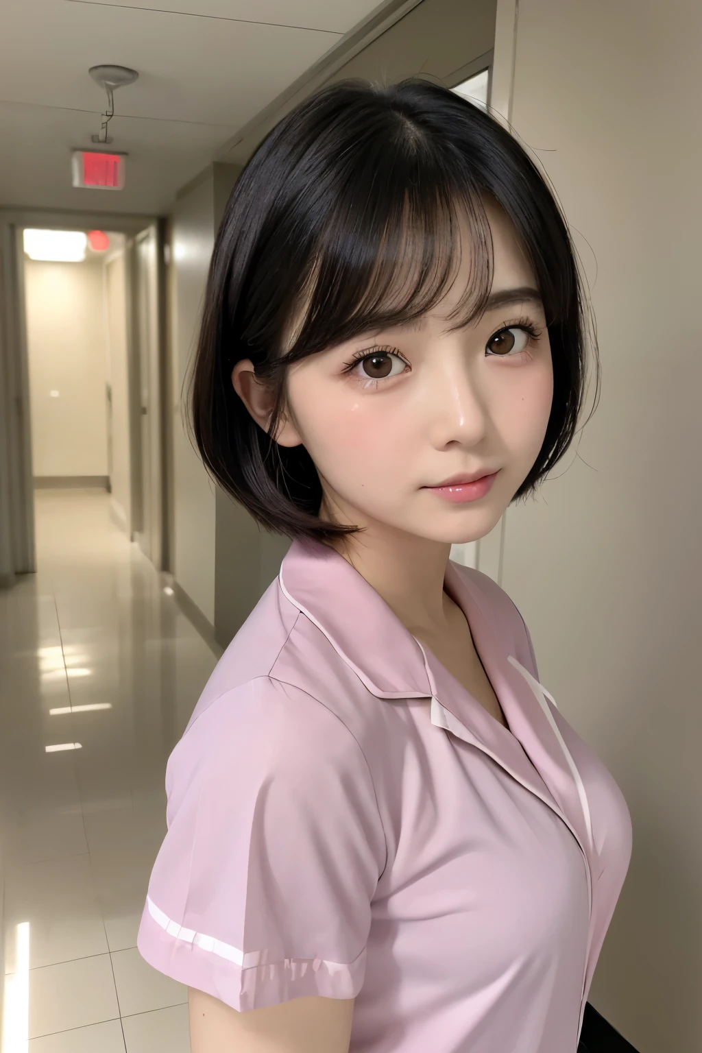 (1 Girl)、(Beautiful Japanese、18years old,round face、Refreshing、clear、seems kind、stylish、Pitiful、cute like an angel、cute、black eyes、,actress,Almond-shaped eyes), Good style , (Beautiful big breasts:1.0),(soft breasts),(very cute),(Black hair),(short bob hair),(enchanting eyes),(highlight on eyes:1.2)、(8K、Live shooting、highest quality、masterpiece:1.2、optimal lighting)、((masterpiece)),(Photo taken by a professional photographer),(real、photo real:1.4),break,{ (pink nurse costume),(((taraditional nurse uniform))),(pink nurse mini skirt),(( pantyhose)),(cleavage:0.7)},(Crying jaw:1.3),(tears:1.2),(cheeks are red:1.2), break, break,Hospital,Face shot:1.3、Hospital corridor、Looking at viewer, face close-up,from below