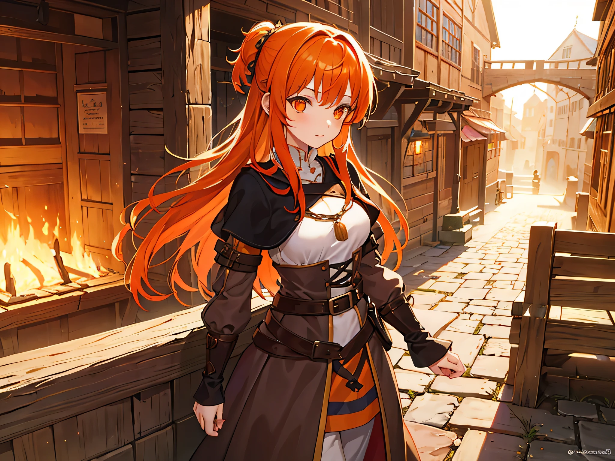 1girl Medieval life, medieval girl, classic medieval dress, medieval vibe, village, unique medieval hairstyle, orange hair color, orange eye.