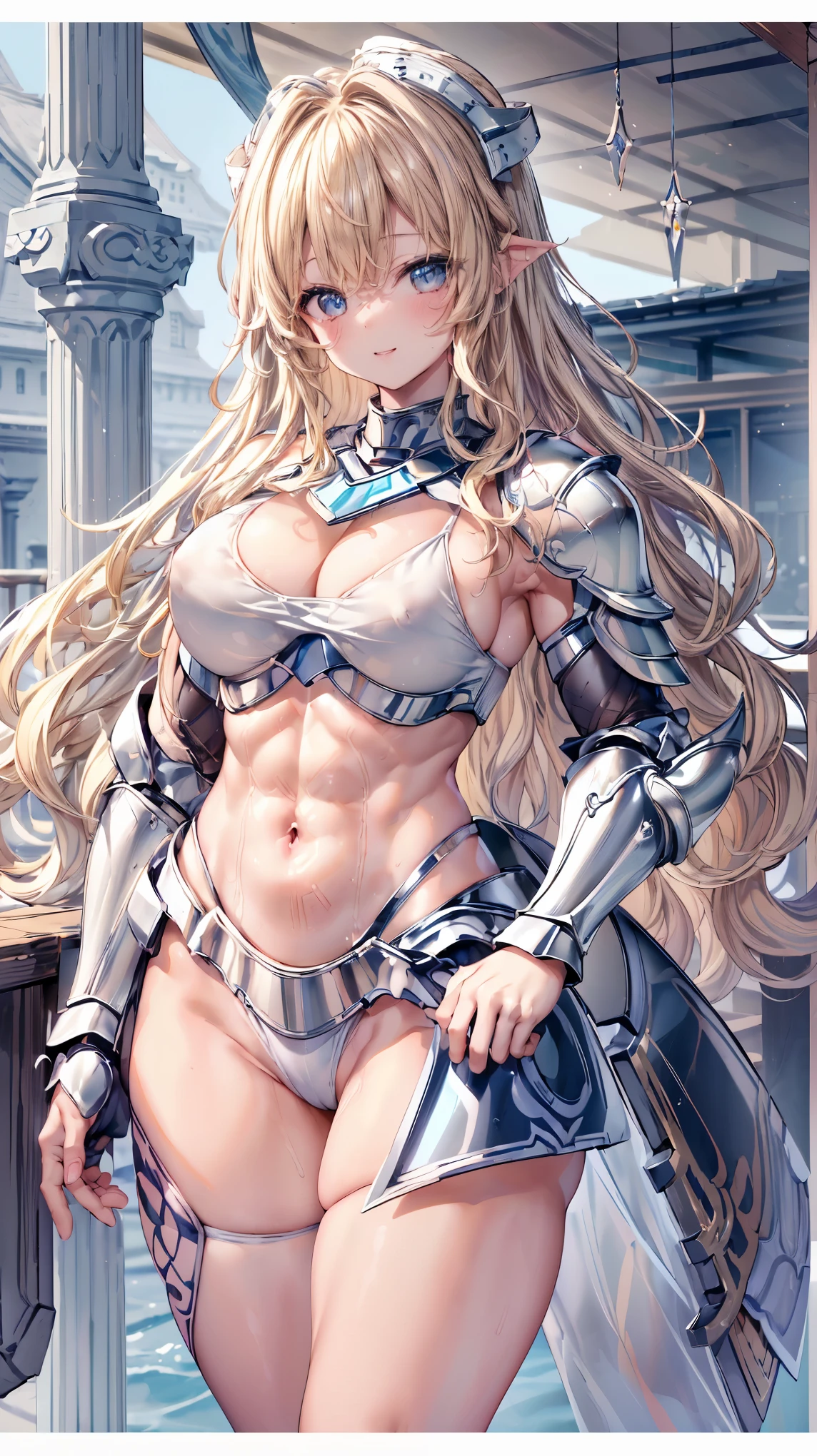 Very detailed、highest quality、Best image quality、masterpiece、8k、Anime Face、A kind smile、Open your mouth、Sparkling blue eyes、(Blonde wavy hair:1.5)、、Muscles of the whole body、camisole、Thigh belt、mini skirt、(Wearing white bikini armor:1.5)、(Cowboy Shot:1.5)、(Leg armor:1.5)