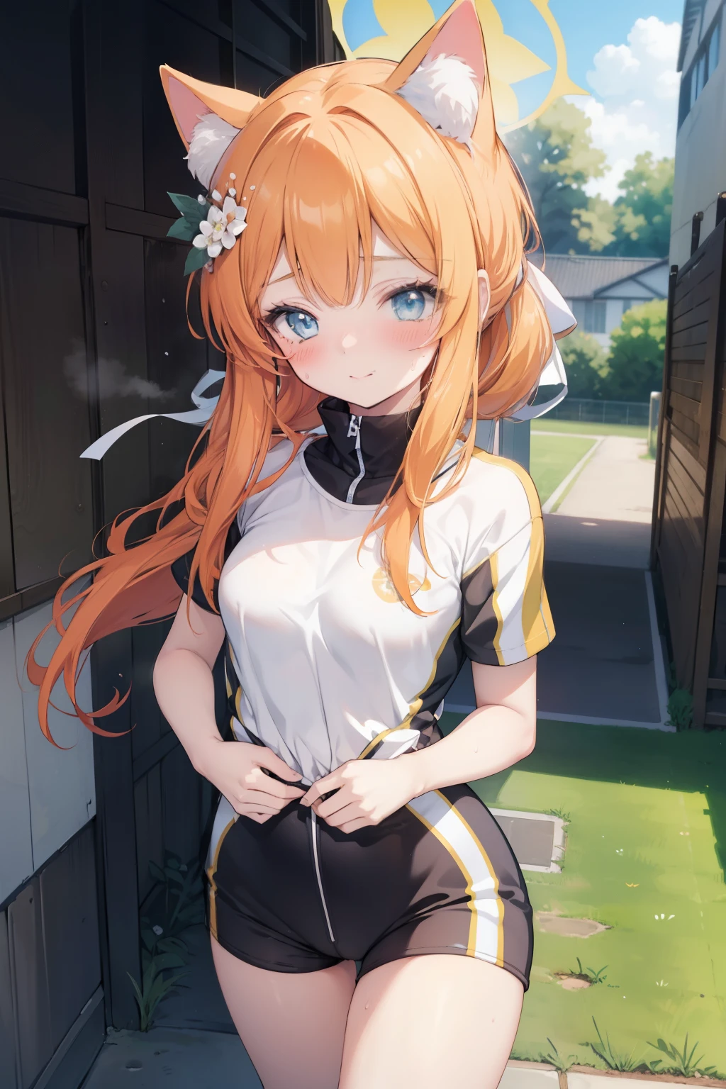 Marie Iraki、Good looking girl (blush, Perfect Face), independent , Looking at the camera, masterpiece, Anime art style, Cute Characters, Most detailed, high quality、Nico Nico Smile、Cat ear、Orange Hair、Lolita、Small breasts、Gym suit、running outside、Sweating、Gymnastics、Short sleeve shorts