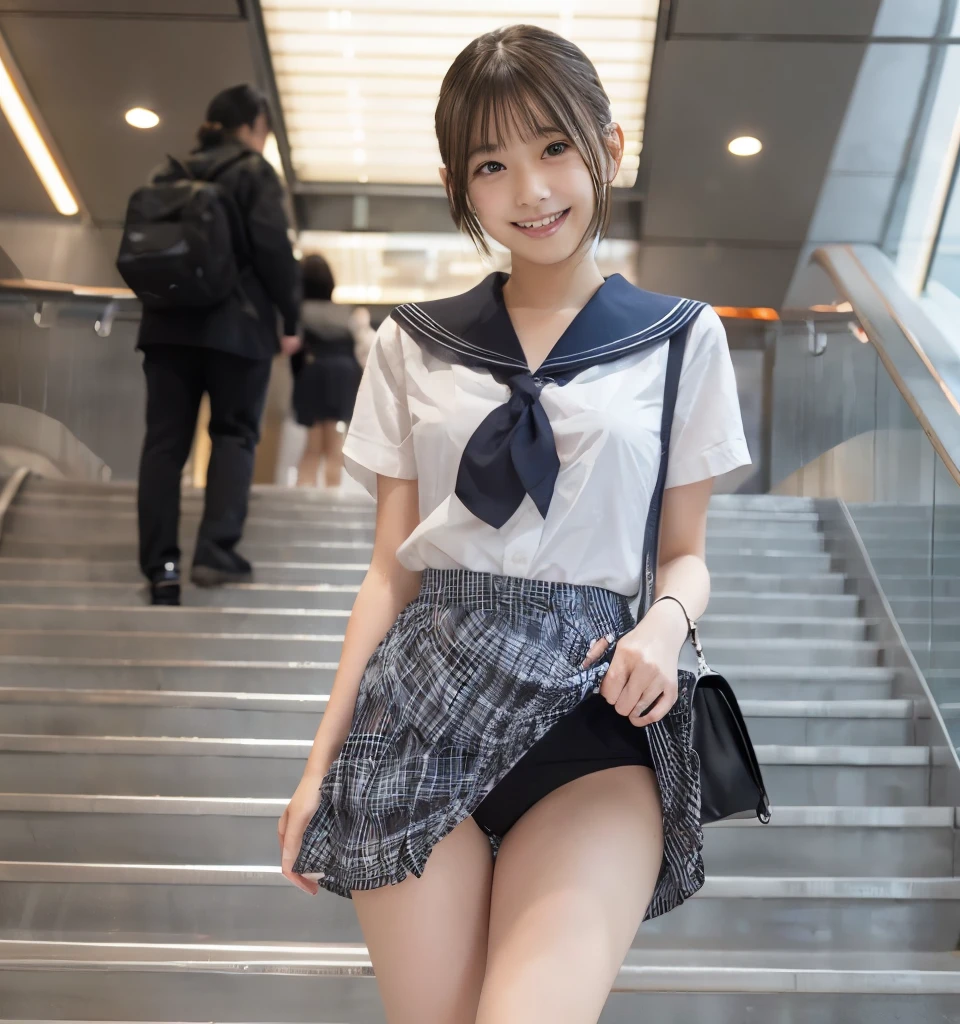 highest quality、highest quality、Ultra-high resolution、masterpiece、8k、Clear photos、RAW Photos、escalator、smile、Whole Body Ezbian:1.2、A -yeld giin an elaborate sailor suit and pleated skirt:1.8、Very cute Japanese girl、Bobcut、 lift up short pleated skirt:1.8、escalatorの下の段から撮影、Show off your thighs:1.8
