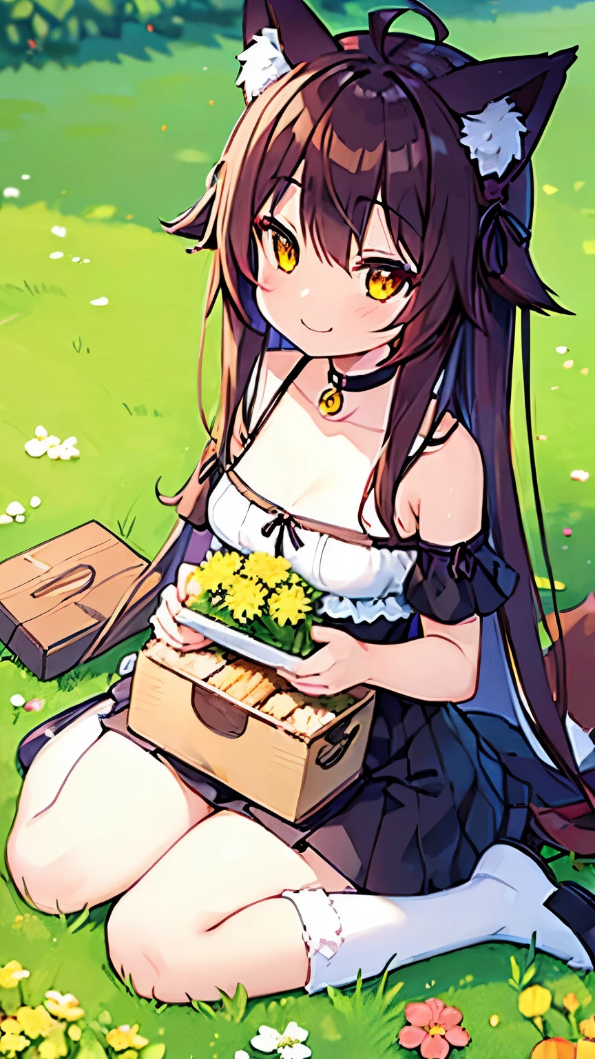 (1catgirl and 1foxgirl),1catgirl,cat ears,cat tail,1foxgirl fox ears,fox tail, smiling, sitting on the grass,opening tow bento boxes, spring flower field background,