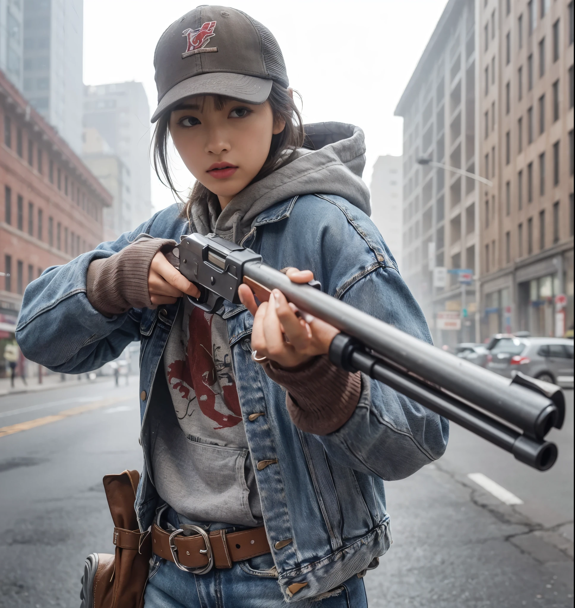 8K, realistic photo, realistic skin texture, アメリカ在住の美しい日本人woman、An old, rusty beige pickup truck with the door open and sitting in the seat、American mountain town、indians baseball cap、Grey hoodie、A1Flight jacket、BROWNING CYNERGY Ultimate Tukey shotgun、loose fit denim pants、sneakers、Dynamic pose、anger、decision、Fighting the Outlaws、Innovative composition、woman