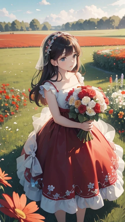 There is a  wearing a red and white dress and holding a bouquet of flowers, girl in flowers, Picking flowers, Holding flowers, Pick up a flower, Girl standing in a field of flowers, Girl standing in a field of flowers, Flowers on the heir&#39;s cheeks, Girl in a field of flowers, صورة لGirl in a field of flowers, Girl walking in the forest, Girl with a flower head