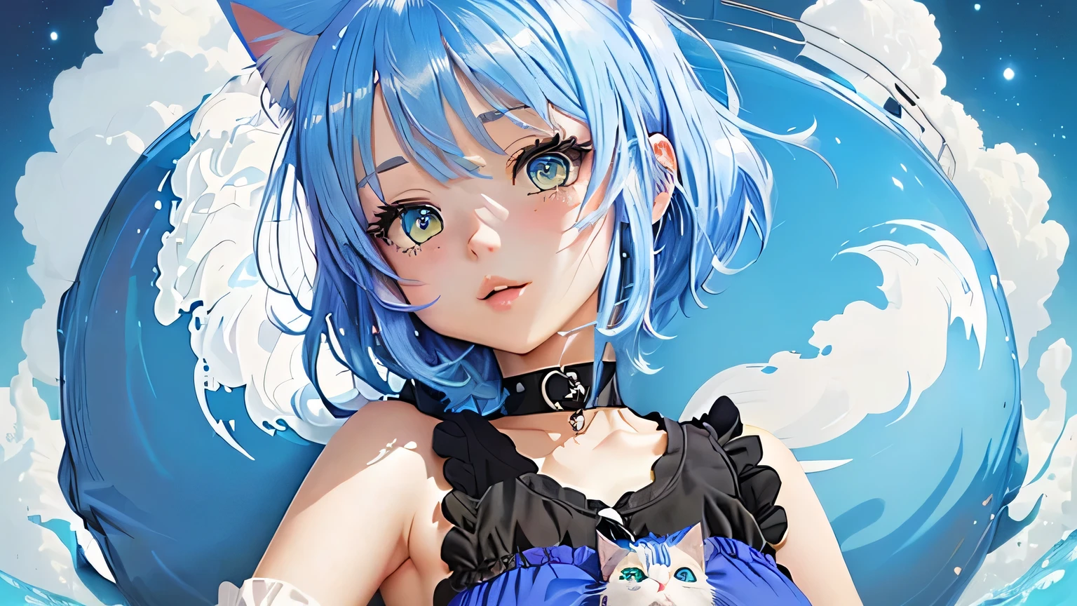 Cartoon image of a girl with blue hair and a cat on her head, rimuru, Neferpitou, 2D Anime Style, anime Cat girl, cute anime Cat girl, Anime style”, cute!! a bit!!! Cat girl, nyaruko-san, Anime Moe Art Style, Cat ears anime girl, Rimuru and Milim,