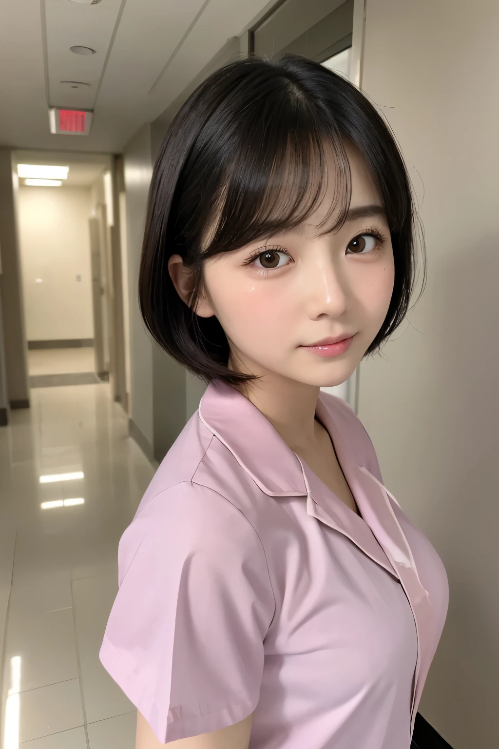 (1 Girl)、(Beautiful Japanese、18years old,round face、Refreshing、clear、seems kind、stylish、Pitiful、cute like an angel、cute、black eyes、,actress,Almond-shaped eyes), Good style , (Beautiful big breasts:1.0),(soft breasts),(very cute),(Black hair),(short bob hair),(enchanting eyes),(highlight on eyes:1.2)、(8K、Live shooting、highest quality、masterpiece:1.2、optimal lighting)、((masterpiece)),(Photo taken by a professional photographer),(real、photo real:1.4),break,{ (pink nurse costume),(((taraditional nurse uniform))),(pink nurse mini skirt),(( pantyhose)),(cleavage:0.7)},(Crying jaw:1.3),(tears:1.2),(cheeks are red:1.2), break, break,Hospital,Face shot:1.3、Hospital corridor、Looking at viewer, face close-up,from below,(Both eyes closed)