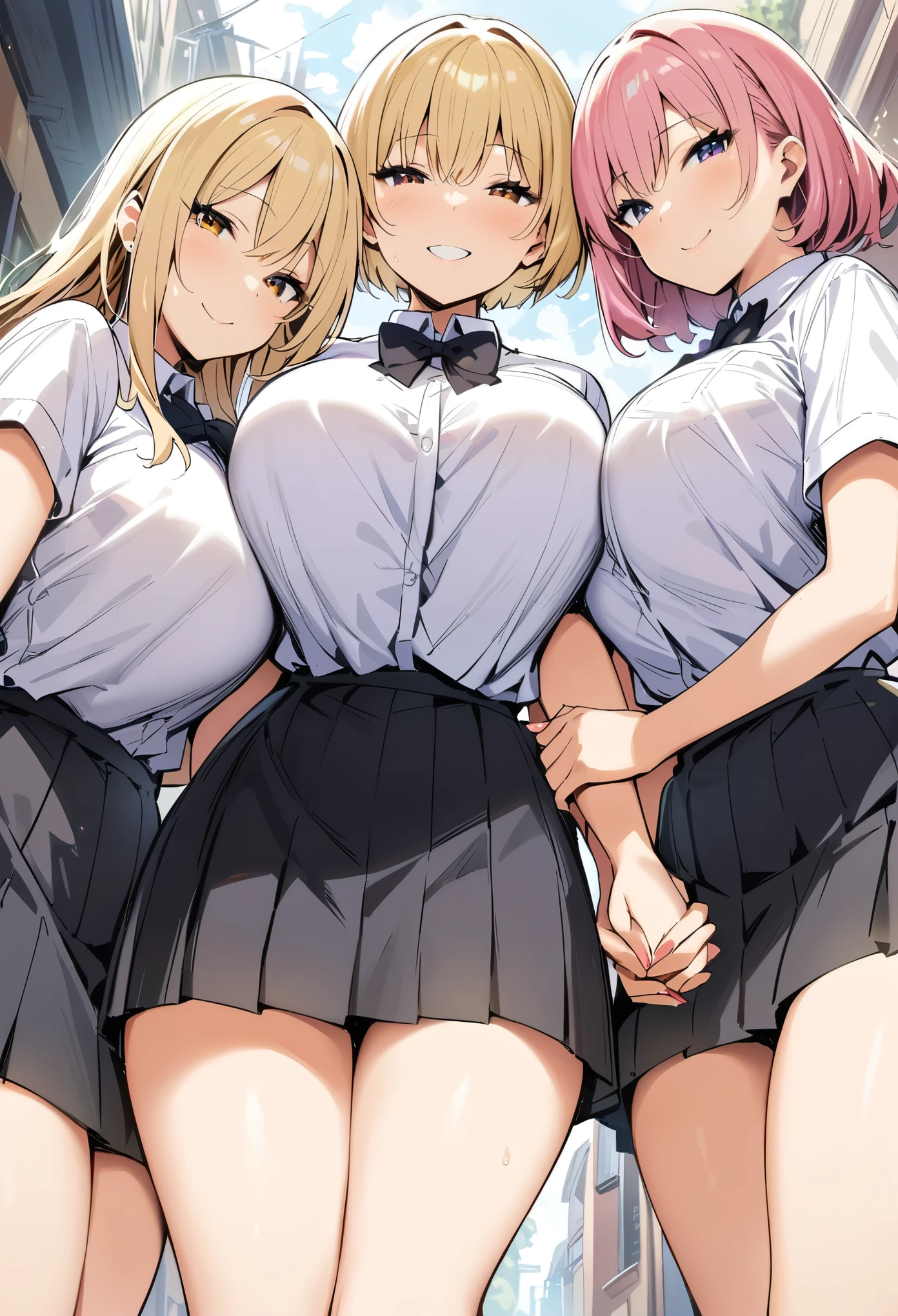from below:1.2, masterpiece, best quality, highres, JK,huge tit,3girls,black bow,black bowtie,blonde hair,bow,bowtie,breasts,hair bun,holding hands,interlocked fingers,long hair,looking at viewer,multiple girls,pink hair,pleated skirt,shirt tucked in,short hair,skirt,smile,tented shirt,in street