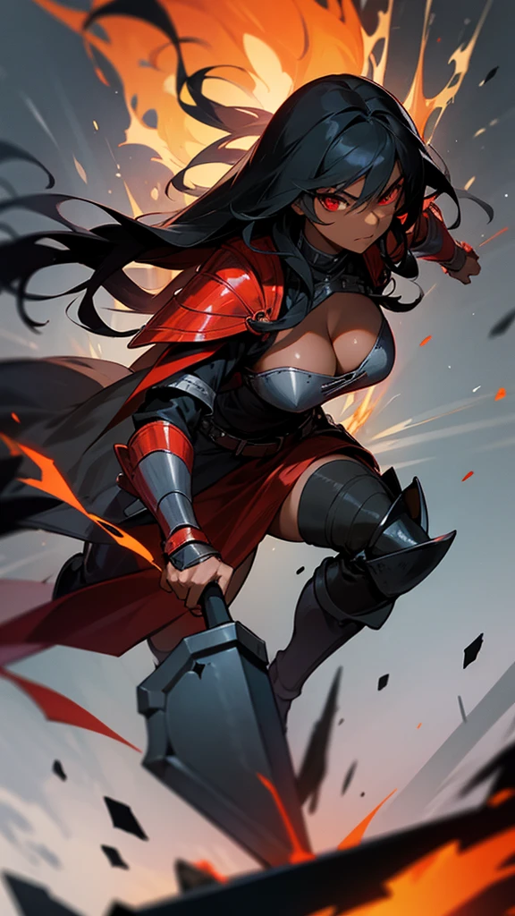 Long black hair, dark skin, red eyes, cleavage, armor, skirt, iron boots, battle ax, fiery battlefield