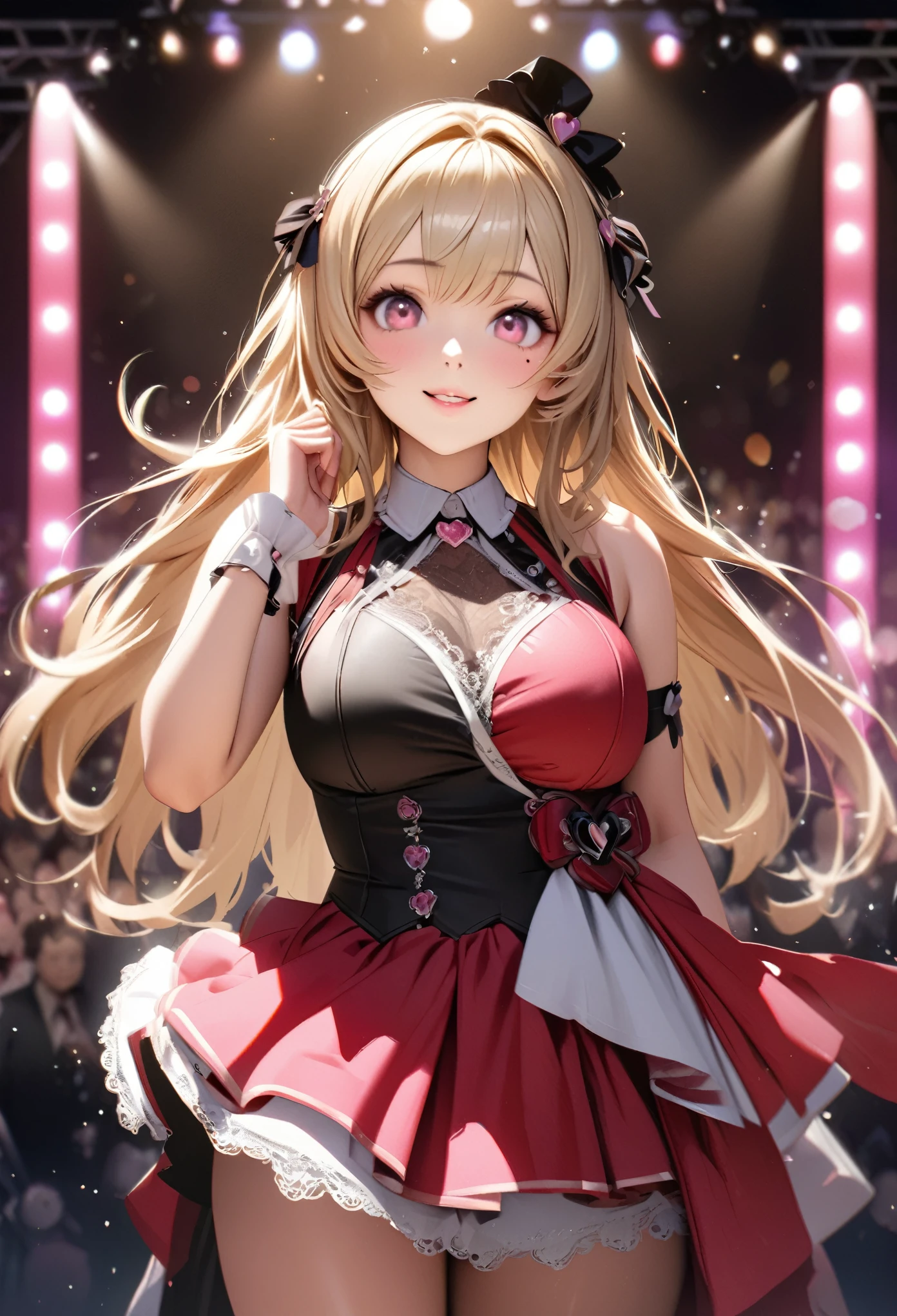 One Girl、Looking at the audience、
Beautiful pink eyes、Blonde long hair,Mole under the eye、Plump and glossy lips、Heart-shaped choca、Idol、Her name is Rico,smile、ー、。.。.。.。.。.。.。.。.。.。.。.。.。.。.。.。.。.。.3D、Realistic、
Idol衣装、Short skirt,Drape clothes、gem、Floral、Lace trim,On a glittering stage、
masterpiece、highest quality、8k、Detailed skin texture、Detailed cloth texture、Beautifully detailed face、Intricate details、Very detailed、
超A high resolution、8k Ultra HD、Film Grain、Best Shadow、delicate、Gazing at the audience、front