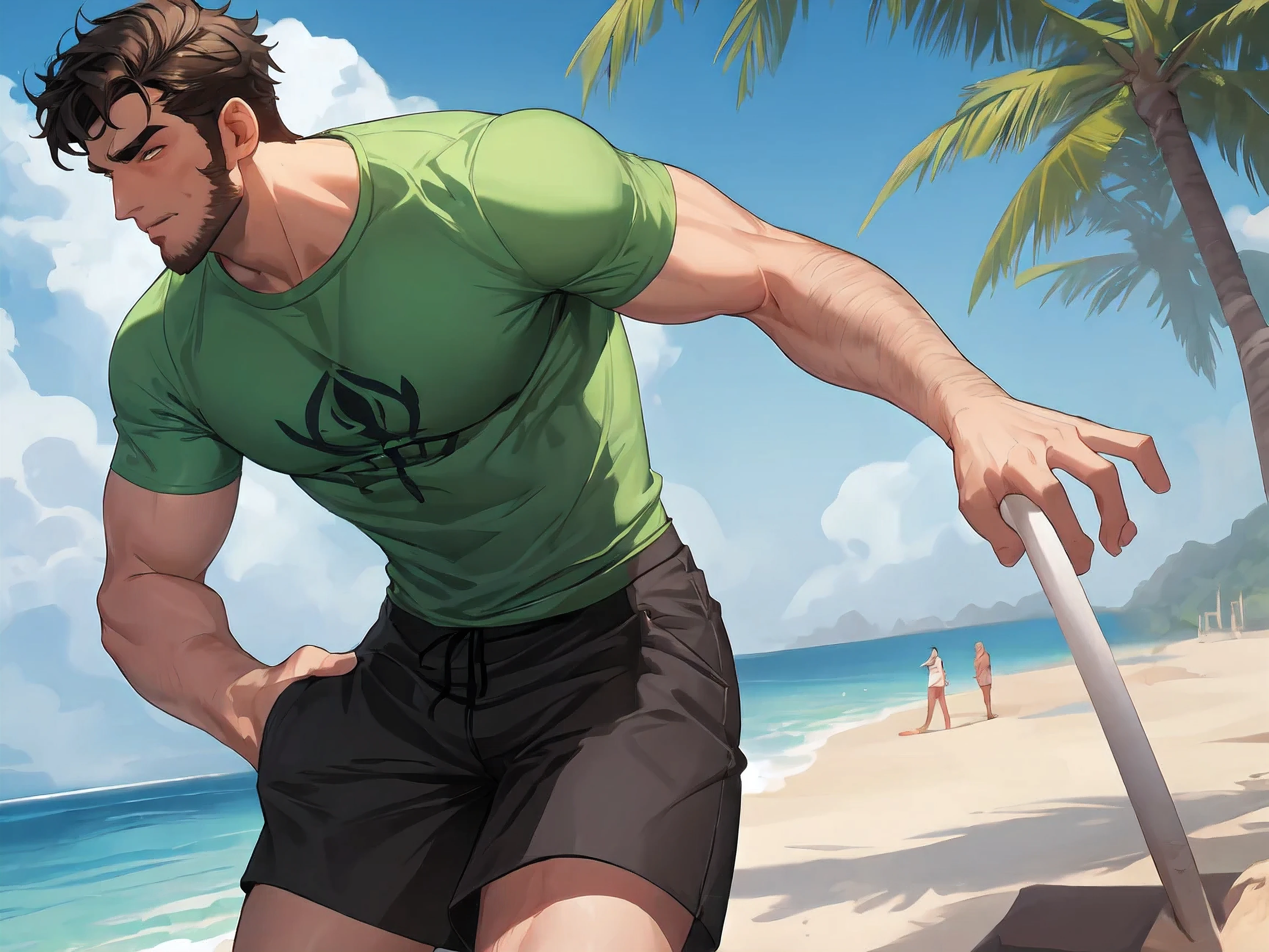 Handsome Men ,beach , green blank t-shirt ,solo