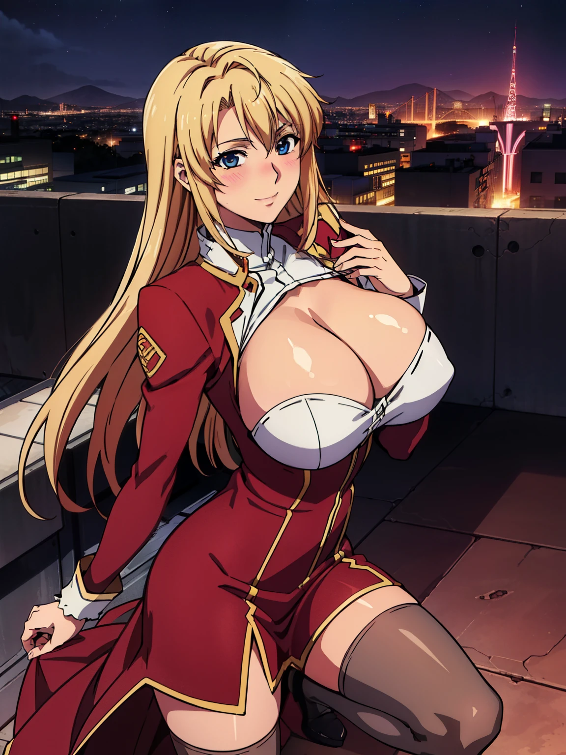 red dress, brown cross-laced footwear, cleavage, clothing cutout, juliet sleeves, white thighhighs, at rooftop background, night cybernetics city view, Satellizer L. Bridget, anime cels style, best quality, high resolution, (huge breasts:1.2), cowboy shot, blush, smiling, blonde hair, long hair, blue eyes, looking at viewer