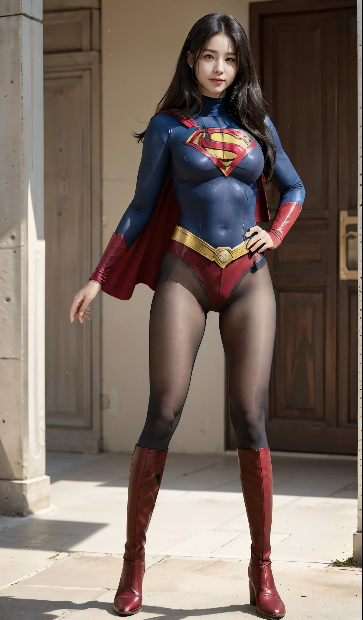 No background、(((Beautiful legs in black tights.)))、(((Legally express the beauty of your smile)))、((((Make the most of your original images)))、(((Supergirl Costume)))、(((Beautiful Hair)))、(((suffering)))、(((Please wear black tights....、Wear red boots)))、((Best image quality、8K))、((highest quality、8K、masterpiece:1.3))、(((Preserve background )))、Sharp focus:1.2、Beautiful woman with perfect figure:1.4、Thin abdominal muscles:1.2、Wet body:1.5、Highly detailed face and skin texture、8K