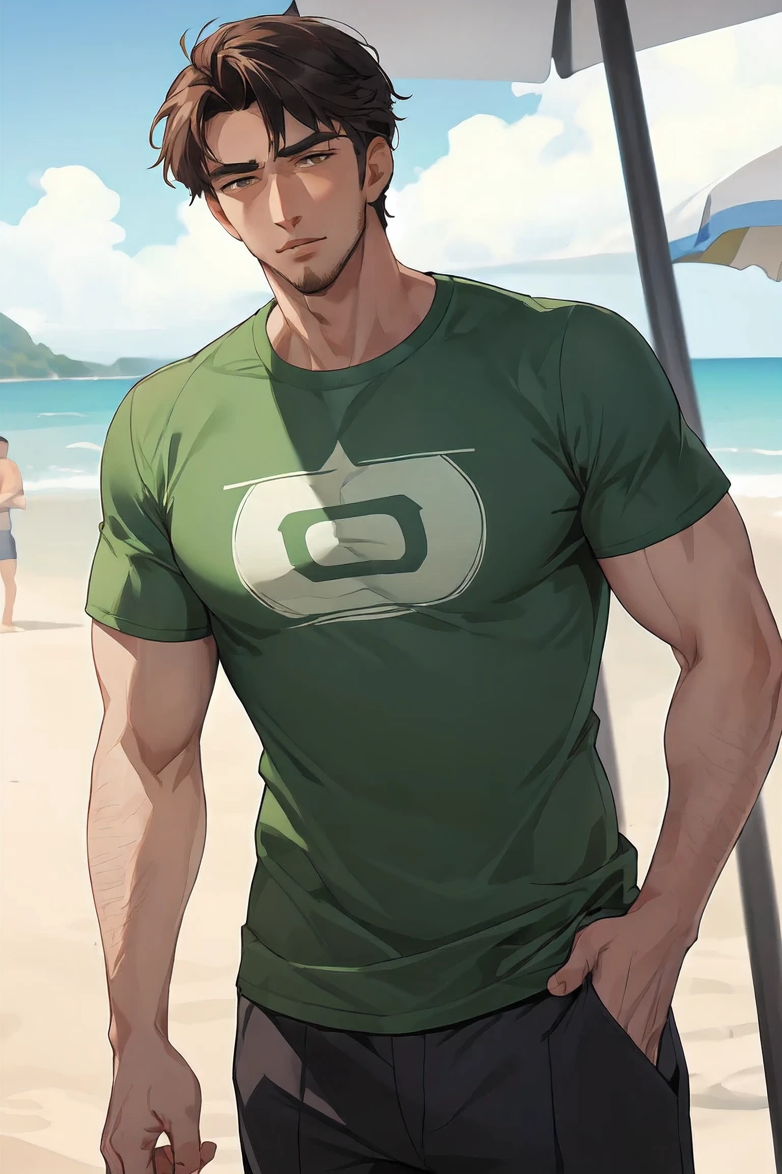 Handsome Men ,beach , green blank t-shirt ,solo
