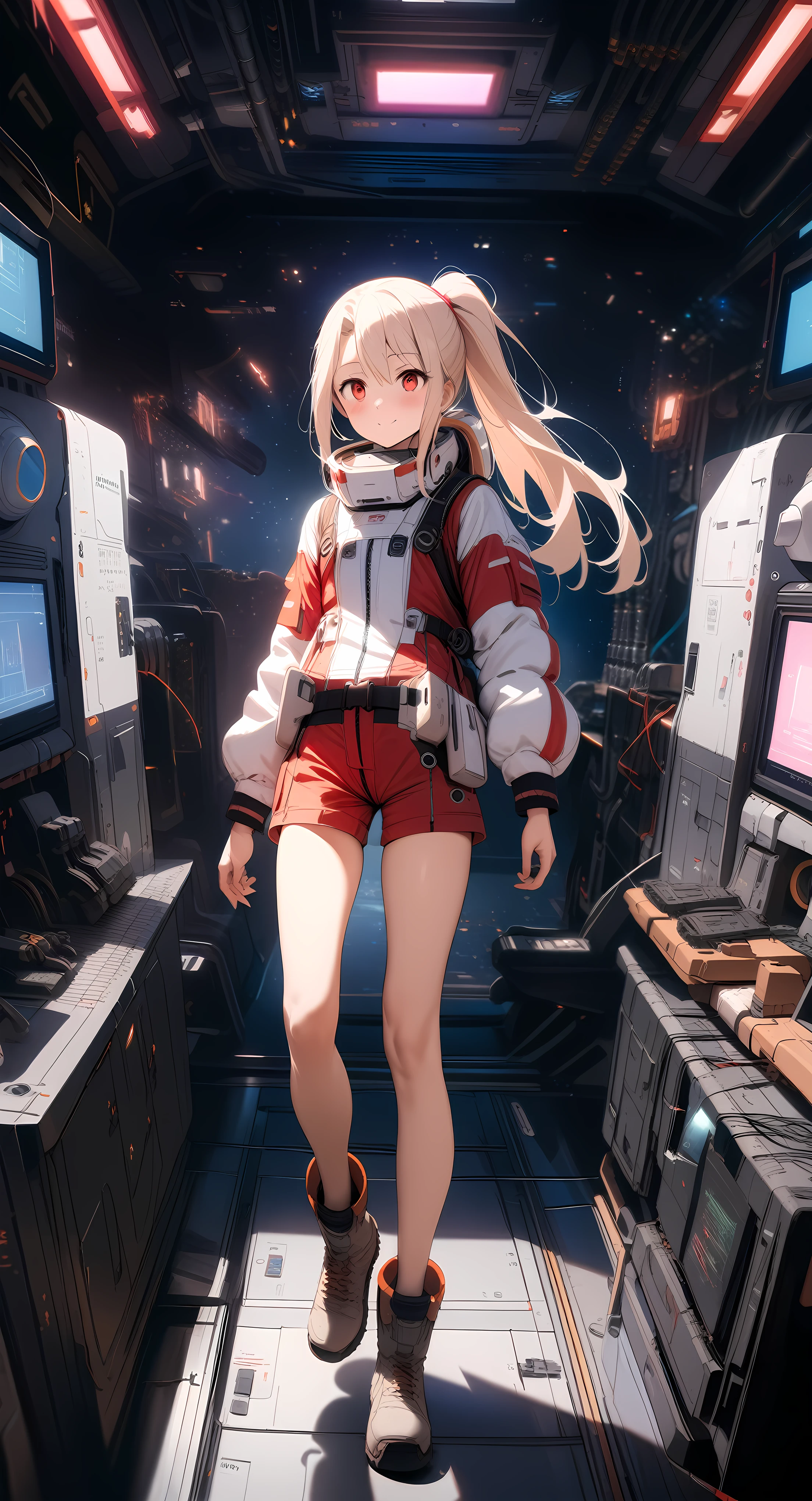 high-key and low-variance brightness scale,soft light,realistic light and shadow, light and dark interlaced,(wide shot:1.3),female focus,looking at viewer,dramatic angle,(upper body:1.4),(solo:1.6)
(masterpiece),(best quality),(highres),(by famous artist),(((official art))),(by Paul Hedley),(illustration),(science fiction),(Sci-fi style),(Mechanical style)
1girl,(female astronaut),(illyasviel von einzbern:1.4),(:1.3)
(small_breasts),(whole body),(slim legs),(mecha musume),lustrous skin,shiny skin,(detailed beautiful thighs),(articulated fingers)
(pink space suit),Functional clothing,(space helmet:1.5),(combat boots),(belt),(sharp:1.21),Chinese national flag
indoor,spacecraft interior,(multiple mechanical parts:1.05),(multiple circuit boards:1.025),(multiple Conduction bands:1.275),purple data box,number,Virtual screen,Virtualization,Visible data,engine room,electrical room,server room,([++++extensive++++]:1.3), weapon,workbench
((seductive smile)),blush,((walking))
(red eyes:1.4),(finely detailed eyes),detailed beautiful eyes
(cream long hair),(ponytail:1.4),(reflective hair)
