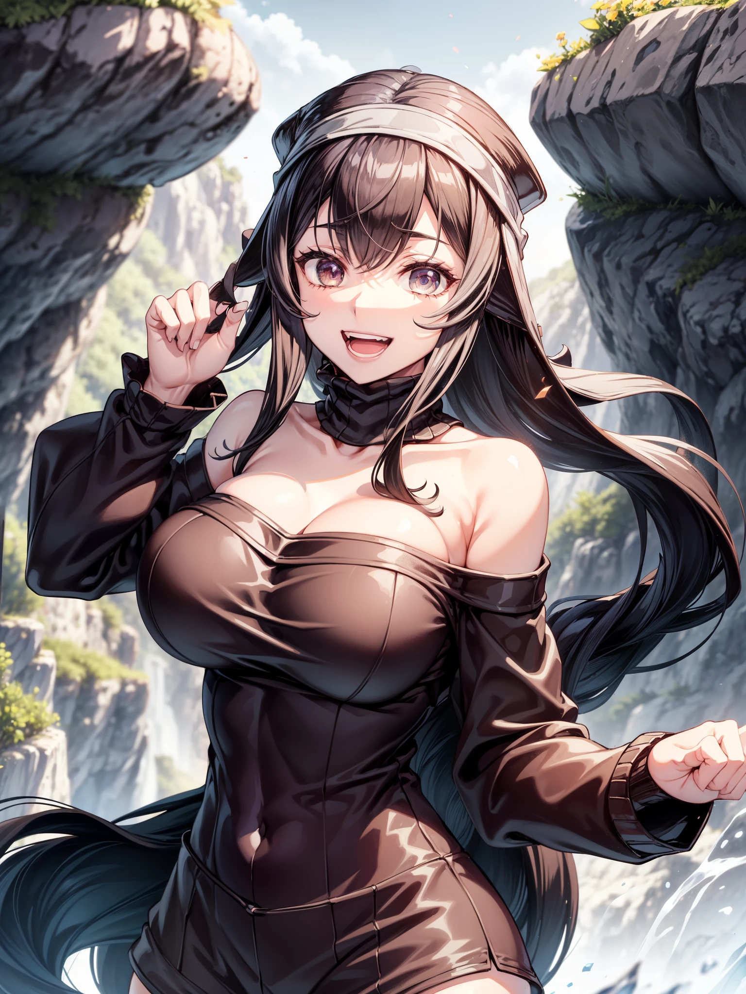 score_9_up、score_8_up、score_7_up、Dynamic Pose、Upper Body、1 girl、(solo)、human、Eight million、Black Hair、Long Hair、Iris、Big Breasts、smile、Ribbed sweater、Off the shoulder、clavicle、Long sleeve、Shorts、 Rating_safe、(Outdoor、Floating Island、Midday)