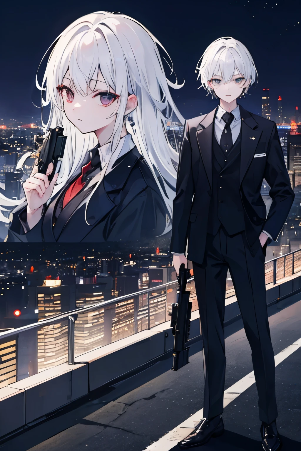 ((highest quality)), ((masterpiece)), (detailed), Perfect Face、 standing on the roof of a building、With a slightly tired look、Night view of Roppongi、 Wearing a black suit、With a gun in one hand、White hair、straight、short