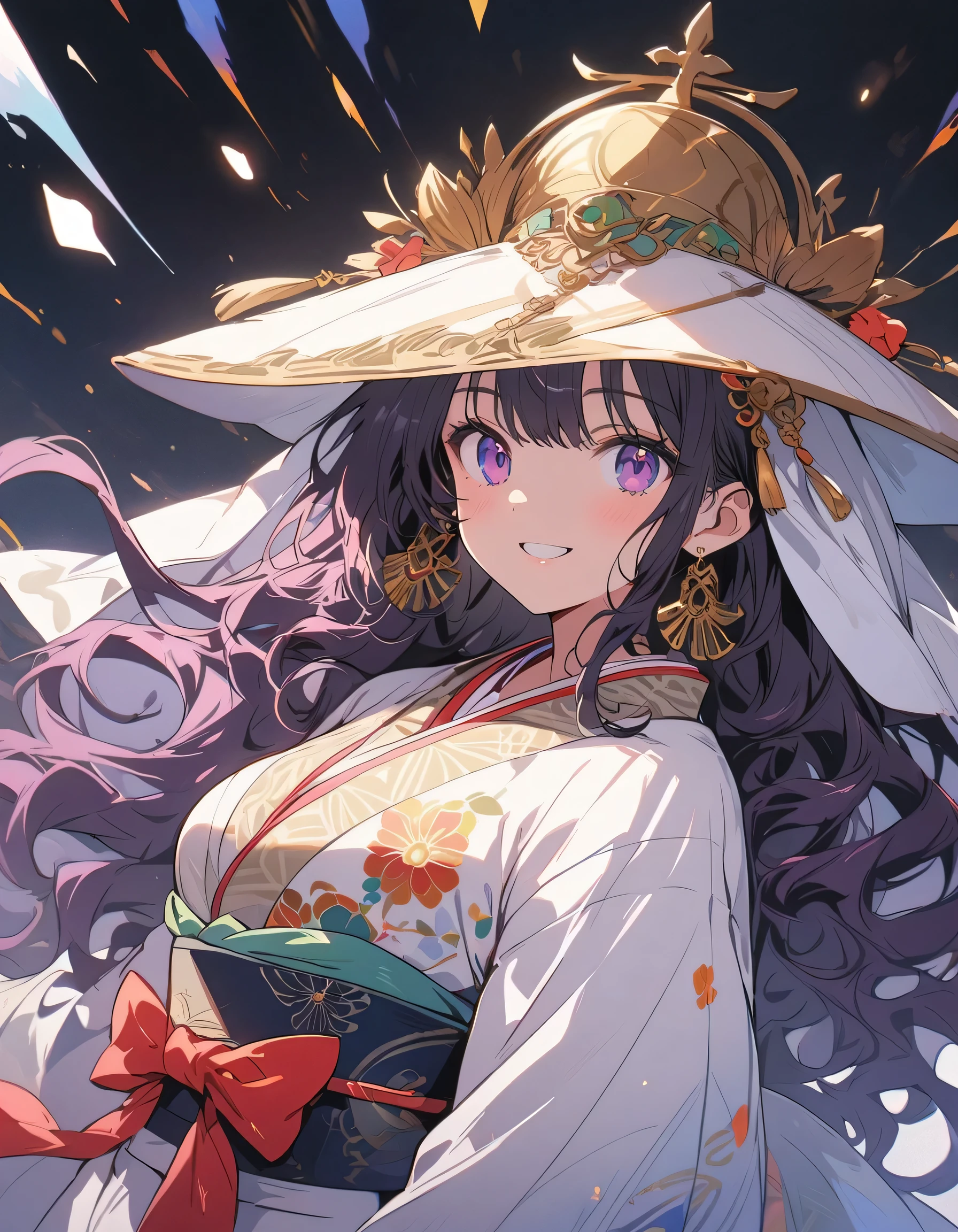 (beautiful woman, wavy hair, purple hair), smiling lightly, , cleavage, (.4, antique pattern, ruffles:1.2), (veil hat, veil, moga hat, antique design), short boots, antique background, simple background, (top quality, masterpiece, high resolution,detailed),animated style,flat style,(eyes shining iridescent colors illuminated light,detailed beautiful face), BREAK,extremely detailed,high saturation,floating,dynamic angles,animated