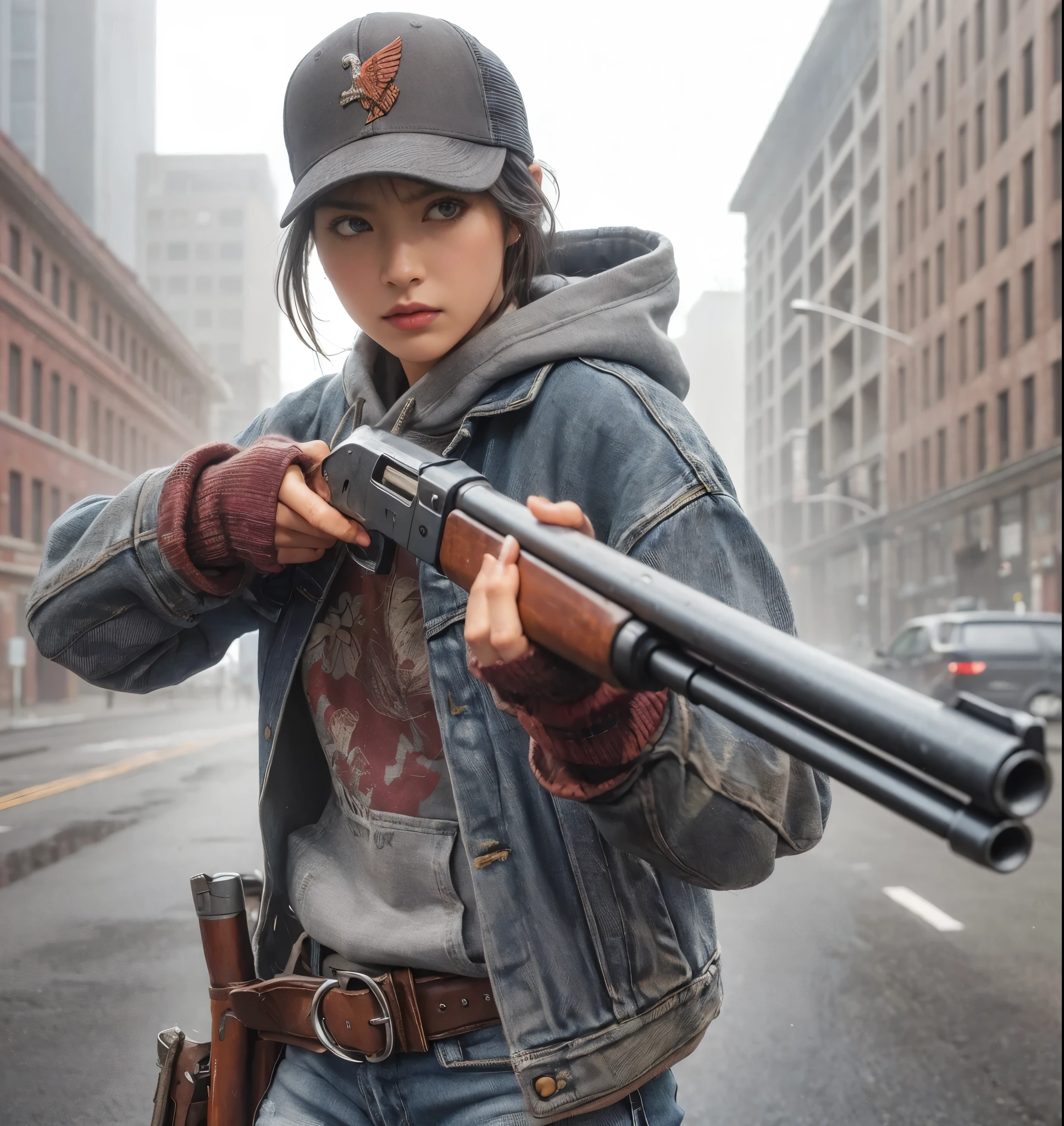 8K, realistic photo, realistic skin texture, アメリカ在住の美しい日本人woman、An old, rusty beige pickup truck with the door open and sitting in the seat、American mountain town、indians baseball cap、Grey hoodie、A1Flight jacket、BROWNING CYNERGY Ultimate Tukey shotgun、loose fit denim pants、sneakers、Dynamic pose、anger、decision、Fighting the Outlaws、Innovative composition、woman