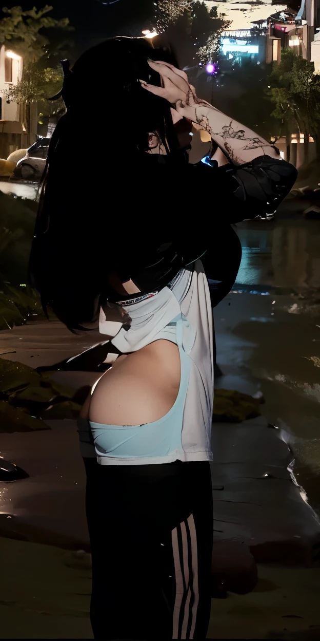 ((masterpiece)), (highest quality), 23 years old,Very detailed, finely, (High resolution), (8k), ((Perfect Front viewcomposition)), (Natural color lip),(Side Ponytail:1.3),(((Standing facing forward on the beach at night, look at me))),((Printed Tank Top)),((Light blue fitness shorts)),((From the whole body to the toes:1.3)),((Perfect Front view)),((The magnificent Milky Way floating in the night sky)),((Natural pose)),,((Front view)),((Normal size )),((Ample breasts)l and firm breasts)),(Look,