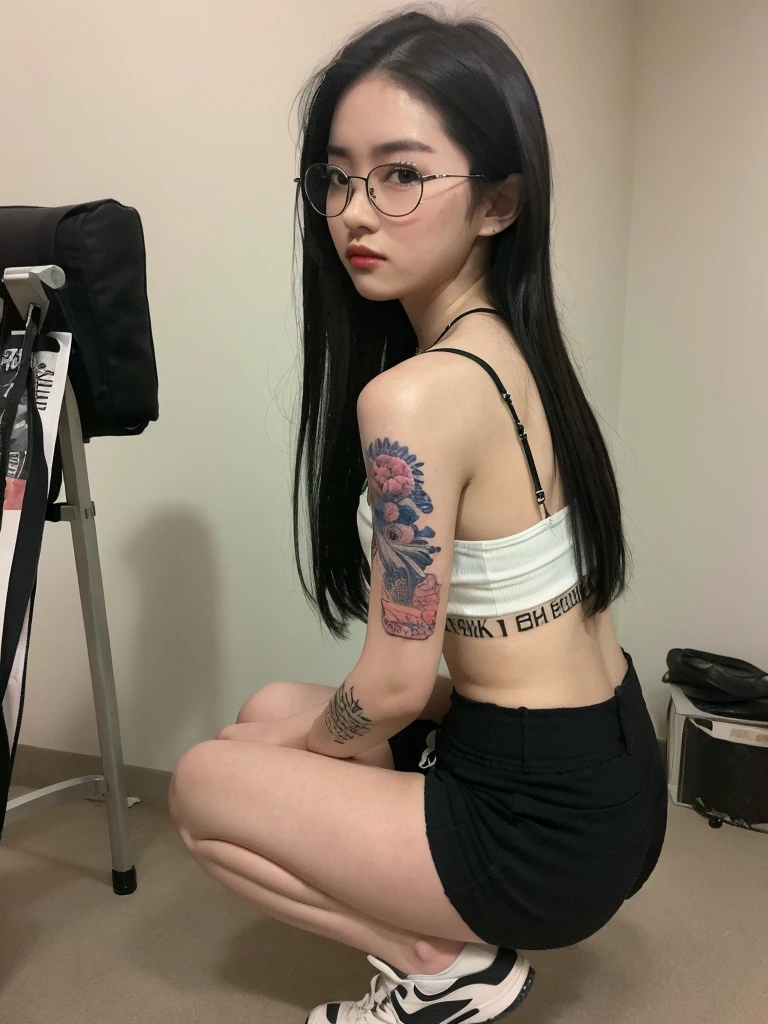 ((Top quality, 8k, Masterpiece: 1.3)), beauty, hidden face, (girl tattoo model. 18 year's old) body. Slim. Thin. Exciting, (long black hair) Necklace. (Wearings Glasses. Shoe. Shorts. Tube top. squatting. Tomboy women, looking back. shot from the back angle. In the fitness room). Make-up face. Red lipstick, detailed texture. tattooed skin.