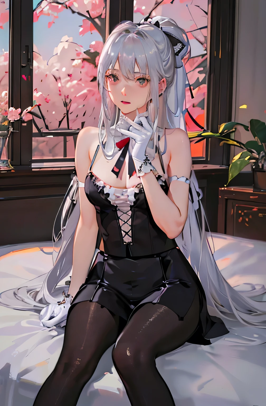 (((1 girl)),Ray Tracing,(Dim lighting),[Detailed Background (Bedroom)),((Silver Hair)),((Silver Hair)),(Fluffy Silver Hair, Plump and slender girl)) Raised ponytail)))) Avoid blonde eyes in the ominous Bedroom ((((Girls、She wears intricately embroidered black high-waisted pants and pantyhose.。) White frilly ribbon gloves), Showing off a delicate, slim figure and graceful curves, Correct limbs, Sitting on the bed、8K、Perfect female body、Red line clothes、8K、High quality、Naughty fashion、Big Breasts、Eros、Lingerie、Pink outfit、bikini