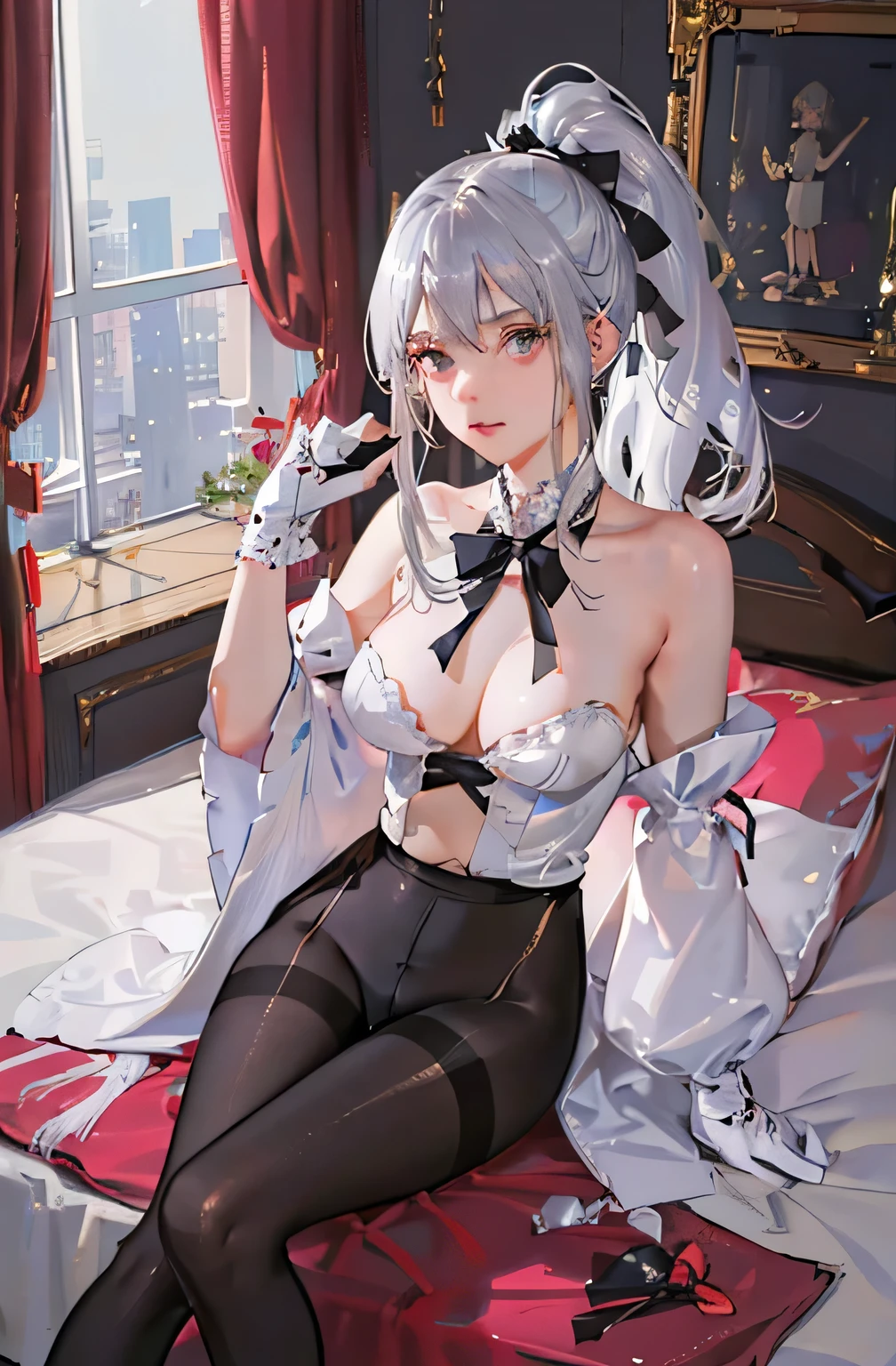(((1 girl)),Ray Tracing,(Dim lighting),[Detailed Background (Bedroom)),((Silver Hair)),((Silver Hair)),(Fluffy Silver Hair, Plump and slender girl)) Raised ponytail)))) Avoid blonde eyes in the ominous Bedroom ((((Girls、She wears intricately embroidered black high-waisted pants and pantyhose.。) White frilly ribbon gloves), Showing off a delicate, slim figure and graceful curves, Correct limbs, Sitting on the bed、8K、Perfect female body、Red line clothes、8K、High quality、Naughty fashion、Big Breasts、Eros、Lingerie、Pink outfit、bikini