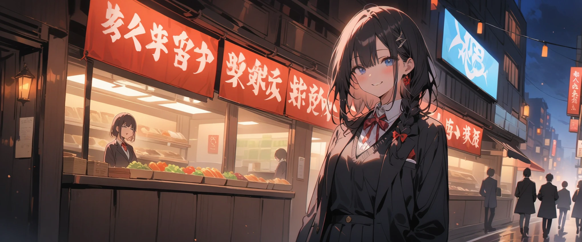 (masterpiece, 最high quality:1.2), Everyday Scenes, Night Coast、Movie Scenes, only one girl、One girl(high quality, Breathtaking),(Delicate eyes, 最high qualityな顔), Cowboy Shot,Close your eyes and smile、Black hair × Blue eyes、fish-bone braid hair、Black long sleeve blazer,Black pleated skirt、Knee-high socks、loafers