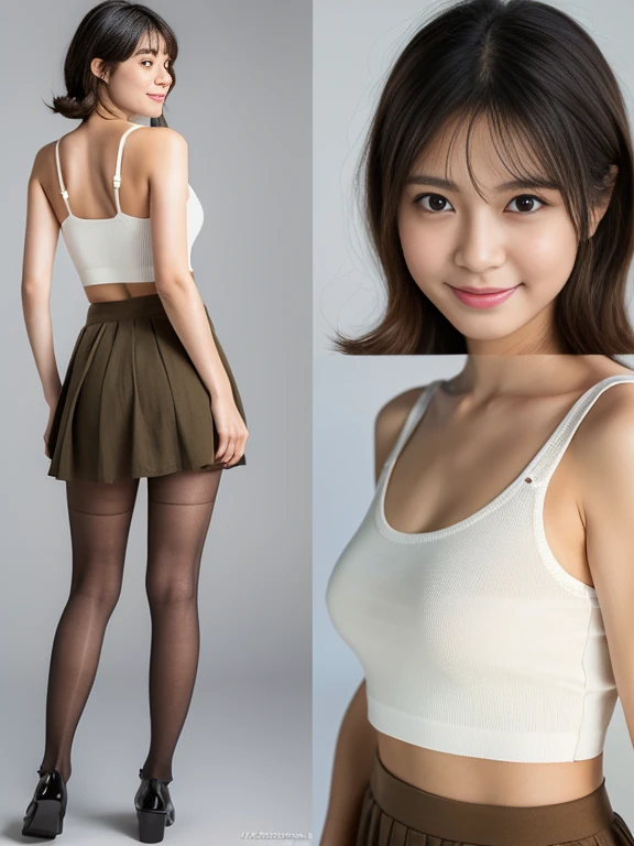 Face :9,503917907], Upper class real college girl、Wearing a short skirt and tank top、 (wearing pantyhose、very realistic pantyhose)、Height: 165cm, japanese model, short layered hair、japanese girl, Neat and clean Japan woman, laughter、japanese goddess, innocence、realistic pantyhose、RAW photo, (8k、highest quality、masterpiece:1.2)、(intricate details:1.4)、(Photoreal:1.4)、octane rendering、Ultra-detailed complex 3D renderings, studio light, rim light, vivid details, super detail, realistic pantyhose、realistic skin texture, details face, beautiful detailed eyes, Highly detailed CG Unity 16k wallpaper, compensate, (detailed background:1.2), shiny skin、looked back、exposed thighs!!!