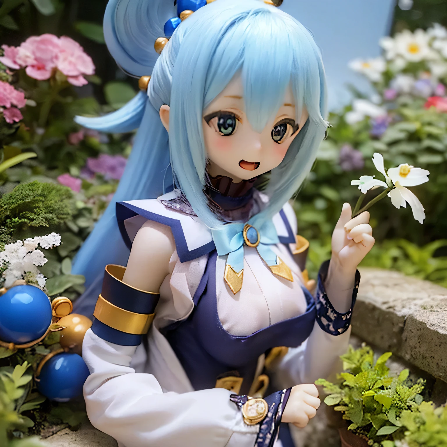 (a young girl and) Blue Hair, (wear) a white and blue dress, (Holding) staff, (standing) wealthy, Vibrant Garden, (and) Colorful flowers (flowering) Around her, (Down) Clear blue sky.
(Portraiture) girl's, (Realistic) rendering, (and) (Very detailed) Features, (inclusive) Sparkling blue eyes, (Rose color) lips, and (length) eyelash.
(highest quality, 4K, High resolution) image, (and) (vivid) color, (Emphasis expressed) girl's and lively appearance.
(the garden is filled and) sunlight, (end) a warm and inviting atmosphere, (and) kind (Light of the sun) Light up the scene.villain pose
have a magic wand (((open your mouth and laugh)))