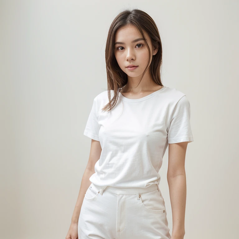 Take a photo of a woman wearing a plain t-shirt, the woman is being a photography model on a plain white background. Her clothes are neat and show an elegant Chinese woman.