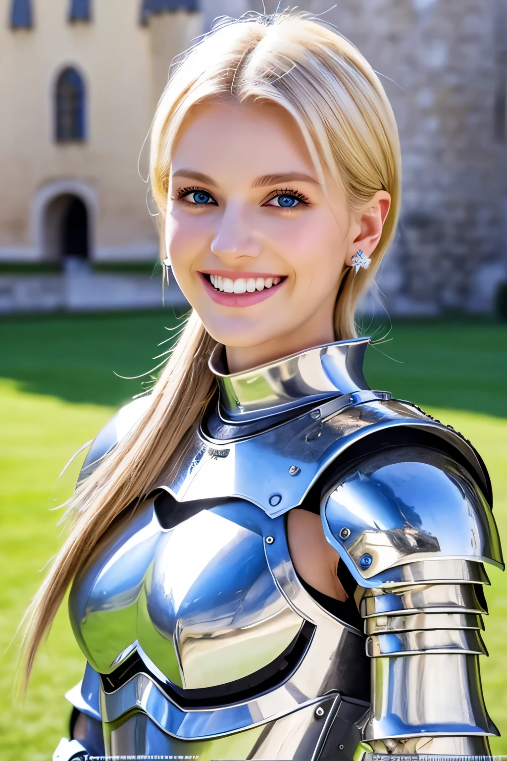 8K、highest quality、female knight、Luxurious Silver Armor、、hairstyle short cut、smile、beautiful teeth、full body photo、ear piercing、blonde、white woman、blue eyes、heavy makeup、The background is inside the castle
