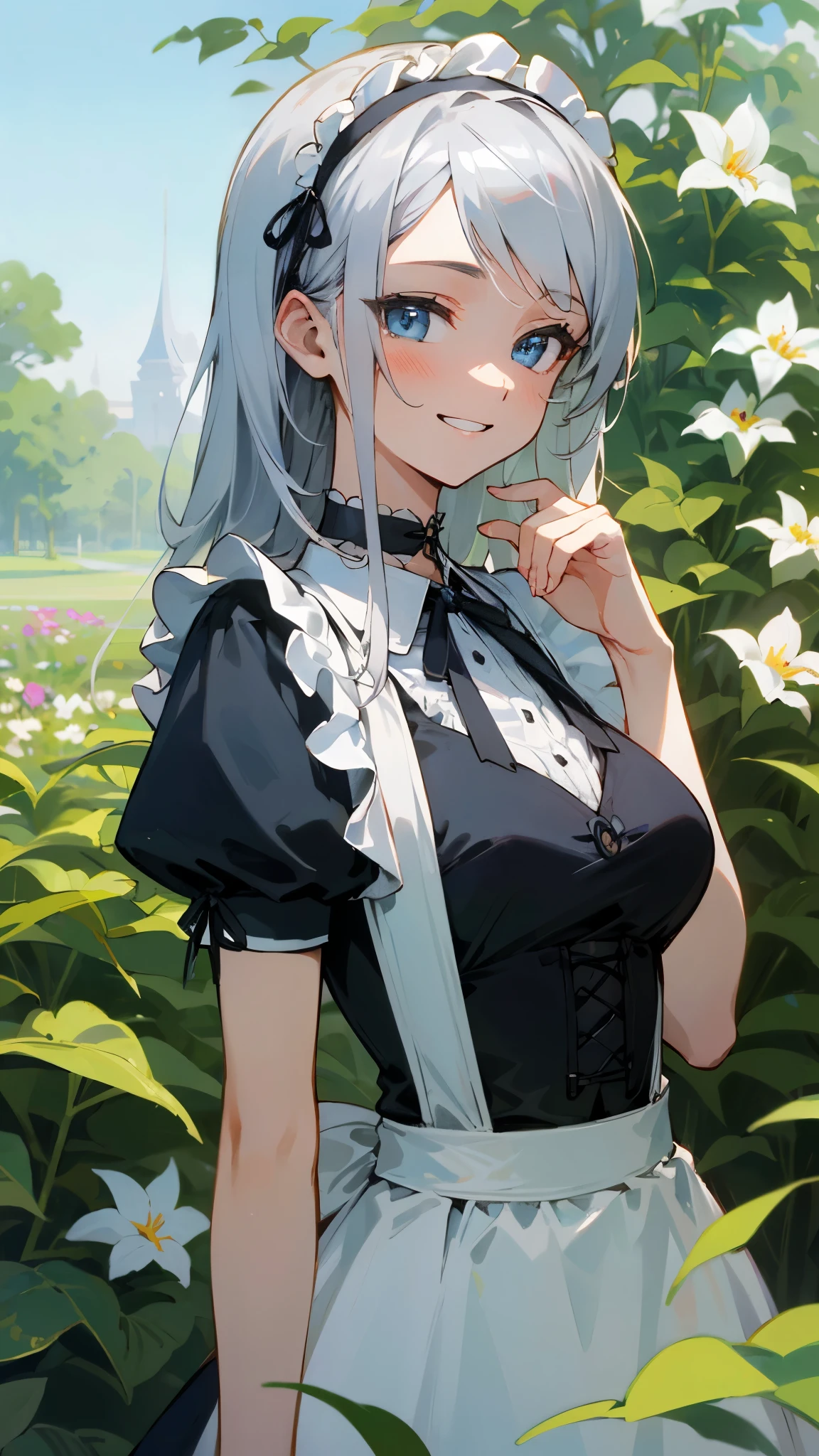 Very delicate、1 beautiful girl、anime painting、highest quality、masterpiece、Highly detailed illustration、Upper body close-up、The most knowledgeable girl、Silver Hair、Long Hair、Beautiful blue eyes、Grin、Round face、Perfect female body、From the side、Black shirred maid dress、apron、black corset with straps、head band、Choker Ribbon、Cufflinks、Shiny、Outdoor、garden、bright、Cinema Lighting、Sharp contours