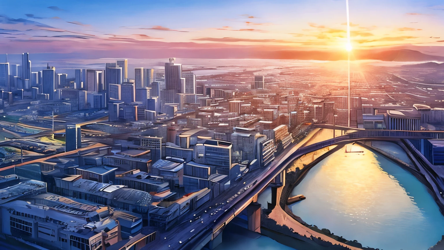 Anime、landscape、panorama view、00's、 morning、building、emotional、roadmovie