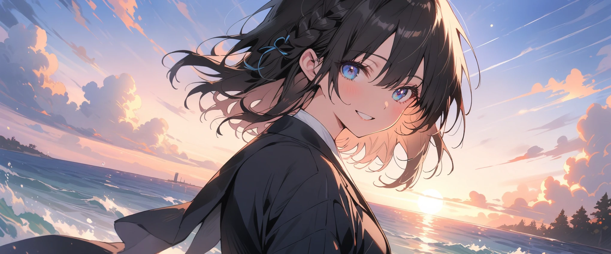 (masterpiece, 最high quality:1.2), Everyday Scenes, Night Coast、Movie Scenes, only one girl、One girl(high quality, Breathtaking),(Delicate eyes, 最high qualityな顔), Cowboy Shot,Close your eyes and smile、Black hair × Blue eyes、fish-bone braid hair、Black long sleeve blazer,Black pleated skirt、Knee-high socks、loafers