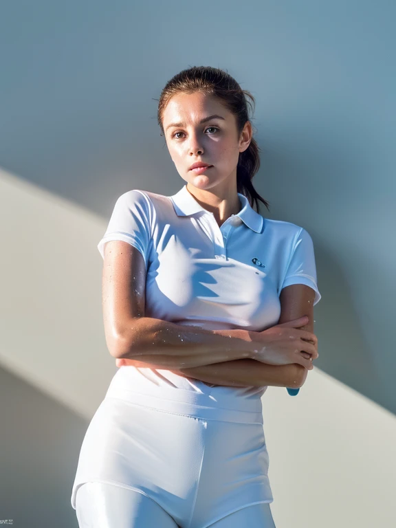 absurd, masterpiece, best quality, realistic, hyper-detailed, (shiny skin, sweaty:1.4), looking at viewer, slender, 1girl, solo, tennis wear, white polo shirt, white sneakers, white miniskirt, small breasts, (thick thighs:0.4), dynamic lighting, high resolution, sharp focus, depth of field, ponytail, black hair, blue eyes