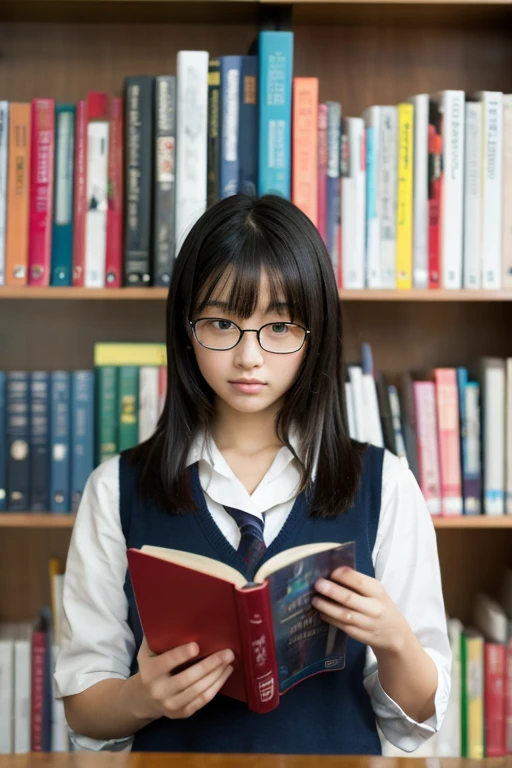 (8k, RAW Photos, Realistic: 1.25), Masterpiece, highest quality, Ultra HD, Very beautiful and neat Japanese woman, 15 years old, I always wear glasses, Beautiful black hair, Beautiful Skin, Beautiful Eyes, Very large breasts, Slender body, Realisticで詳細な日本の高校の制服, Realistic and detailed school library, Reading a book in the library, Random Pause