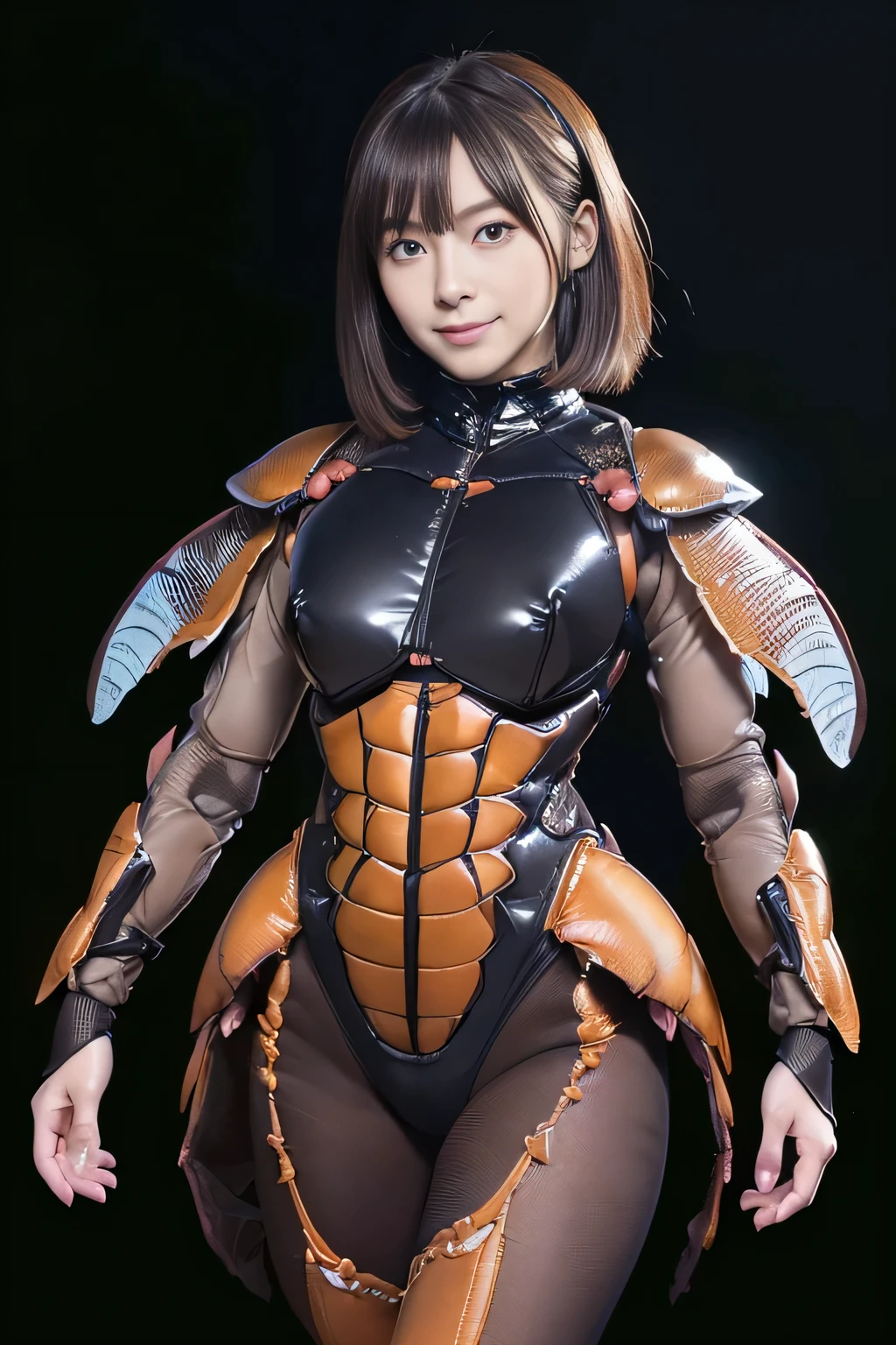 (high resolution,masterpiece,best quality,extremely detailed CG, anime, official art:1.4), realistic, photo, amazing fine details, all intricate, gloss and shiny,awesome many layers, 8k wall paper, 3d, sketch, kawaii, illustration,( solo:1.4), perfect female proportion,villainess, (fusion of dark brown cockroach and lady:1.4), (brown cockroach form lady:1.2), (brown cockroach lady:1.2), (fusion:1.2), (solo:1.4), (evil smile:1.2), muscular, abs, (cockroach brown exoskeleton bio insect suit:1.4), (cockroach brown exoskeleton bio insect armor:1.2), (brown transparency cockroach wing:1.4), (brown cockroach antennae:1.3),