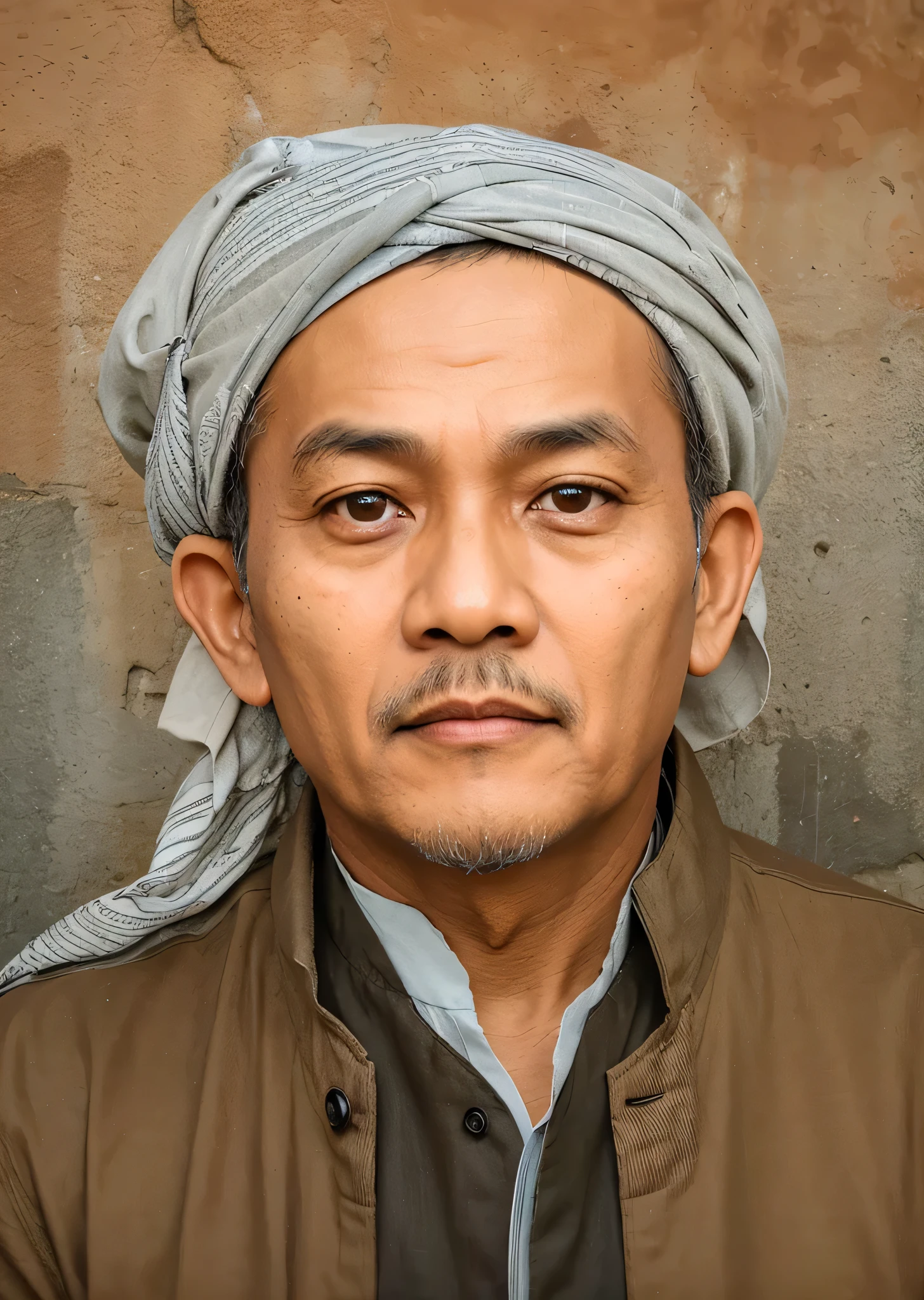 50 year old Indonesian man wearing a turban and nice Muslim clothing, clear details, striking colors. realistic. 8k
