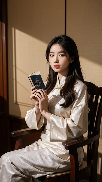 A woman sitting on a chair，Hands holding a book and a bottle of dried plants, portrait拍攝, Medium Portrait, Wearing fancy clothes, Traditional Beauty, Beautiful lady, Batik, 优雅的portrait, fan art, portrait, Traditional clothing, Asian woman, a young Asian woman, 书本portrait, ao dai, 详细portrait, beautiful girl