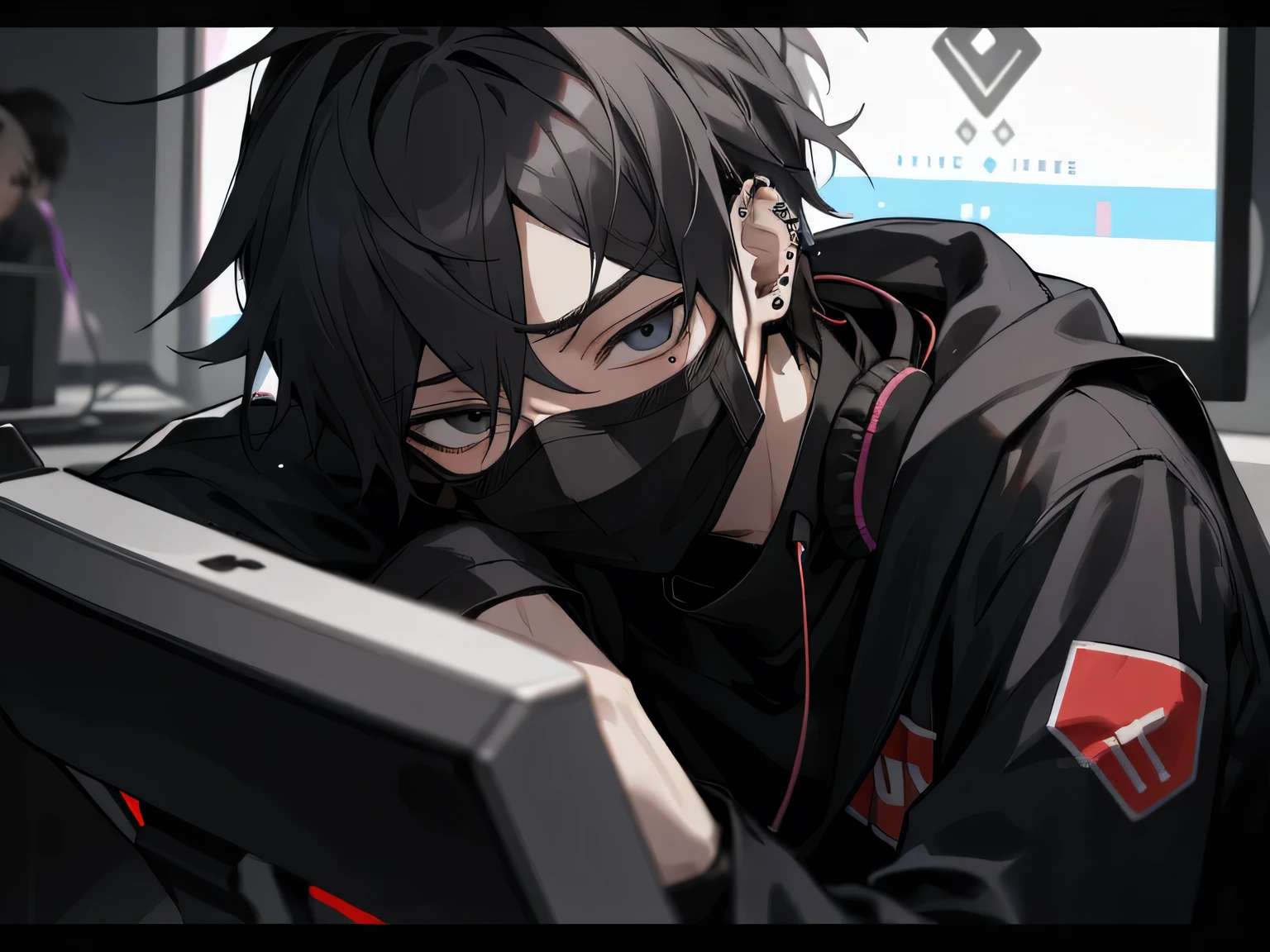 Dynamic Angle,Face close-up,One boy,Adult,(plain black mask),Tired look,Yandere,highest quality,Gamer,Facial details,,(Headphones),Ear piercing,sit in front of the computer and play games, Esports Room