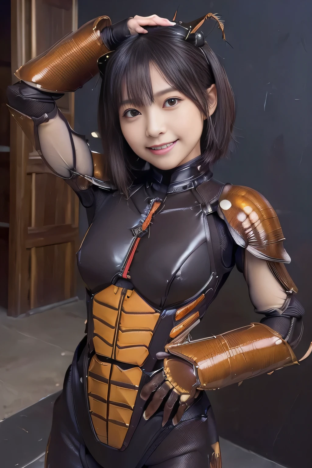 (high resolution,masterpiece,best quality,extremely detailed CG, anime, official art:1.4), realistic, photo, amazing fine details, all intricate, gloss and shiny,awesome many layers, 8k wall paper, 3d, sketch, kawaii, illustration,( solo:1.4), perfect female proportion,villainess, (fusion of dark brown cockroach and lady:1.4), (brown cockroach form lady:1.2), (brown cockroach lady:1.2), (fusion:1.2), (solo:1.4), (evil smile:1.2), muscular, abs, (cockroach brown exoskeleton bio insect suit:1.4), (cockroach brown exoskeleton bio insect armor:1.2), (brown transparency cockroach wing:1.4), (brown cockroach antennae:1.3),