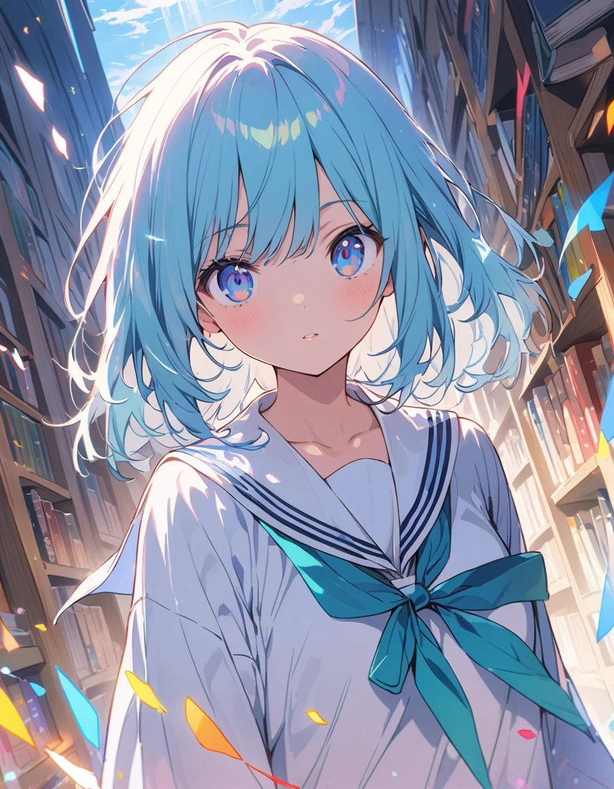 (A girl in a sailor suit)、A vast and deep library、A large number of bookshelves are on display、Large number of books、(highest quality、masterpiece、High resolution、detailed)、animeスタイル、Flat Style、(eyes shining iridescent colors illuminated light,、detailedな美しい顔),  BREAK,extremely detailed、High saturation,floating、Dynamic Angle、anime