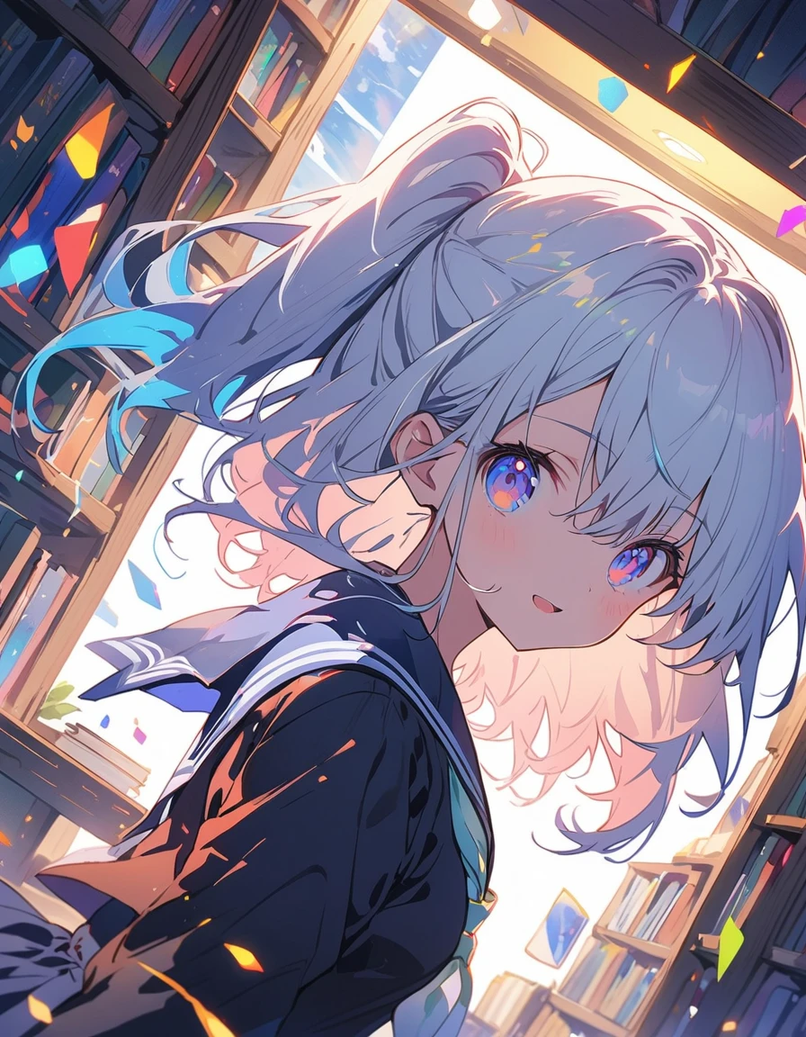 (A girl in a sailor suit)、A vast and deep library、A large number of bookshelves are on display、Large number of books、(highest quality、masterpiece、High resolution、detailed)、animeスタイル、Flat Style、(eyes shining iridescent colors illuminated light,、detailedな美しい顔),  BREAK,extremely detailed、High saturation,floating、Dynamic Angle、anime