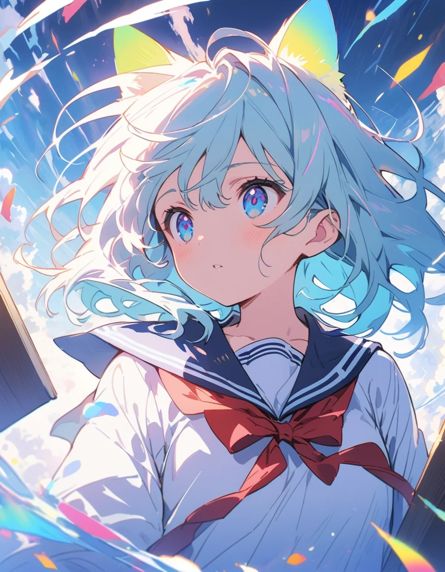 (A girl in a sailor suit)、A vast and deep library、A large number of bookshelves are on display、Large number of books、(highest quality、masterpiece、High resolution、detailed)、animeスタイル、Flat Style、(eyes shining iridescent colors illuminated light,、detailedな美しい顔), BREAK,extremely detailed、High saturation,floating、Dynamic Angle、anime